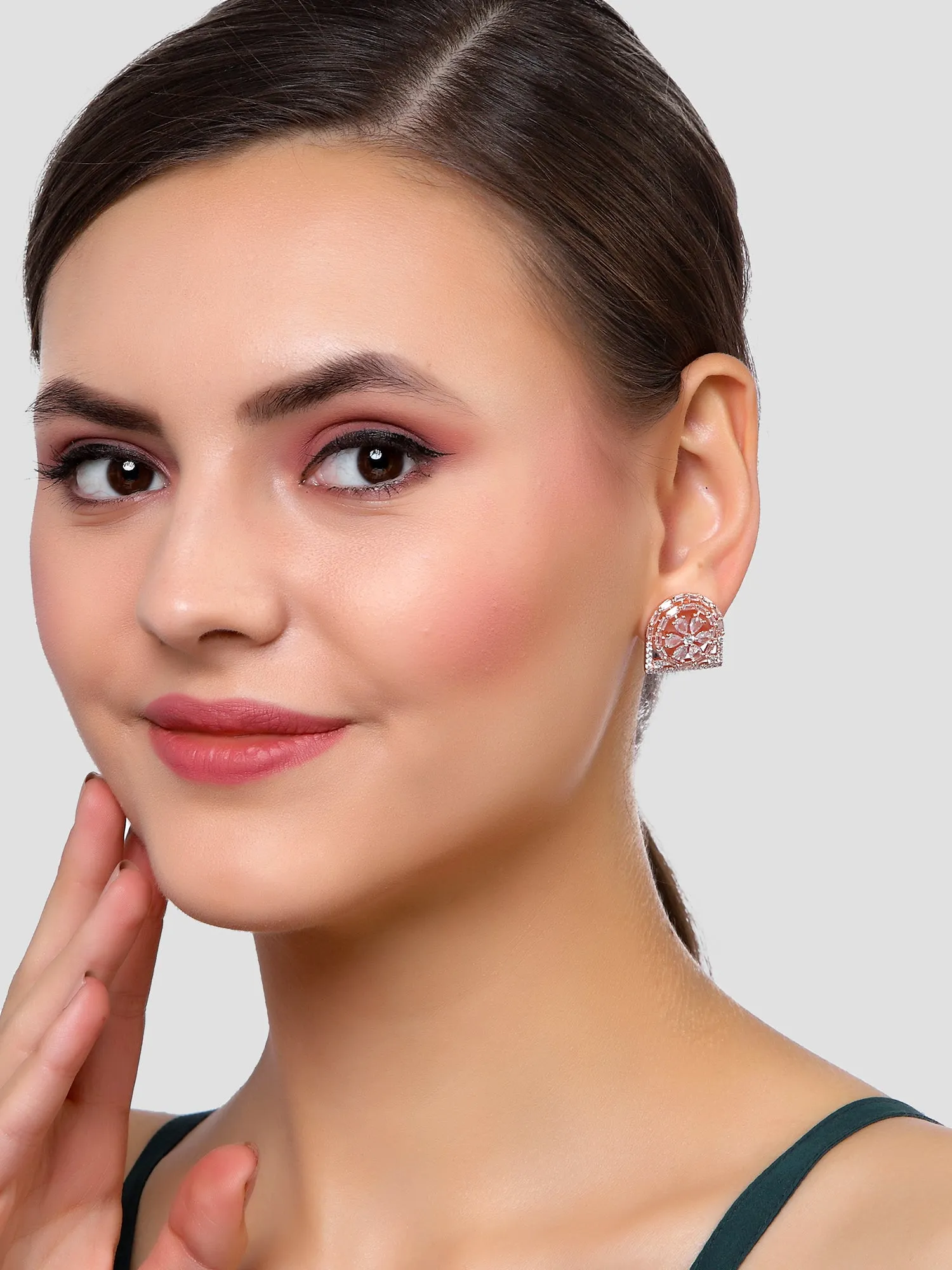 Karatcart Rose Gold Plated Cubic Zirconia Studded Floral Stud Earrings for Women