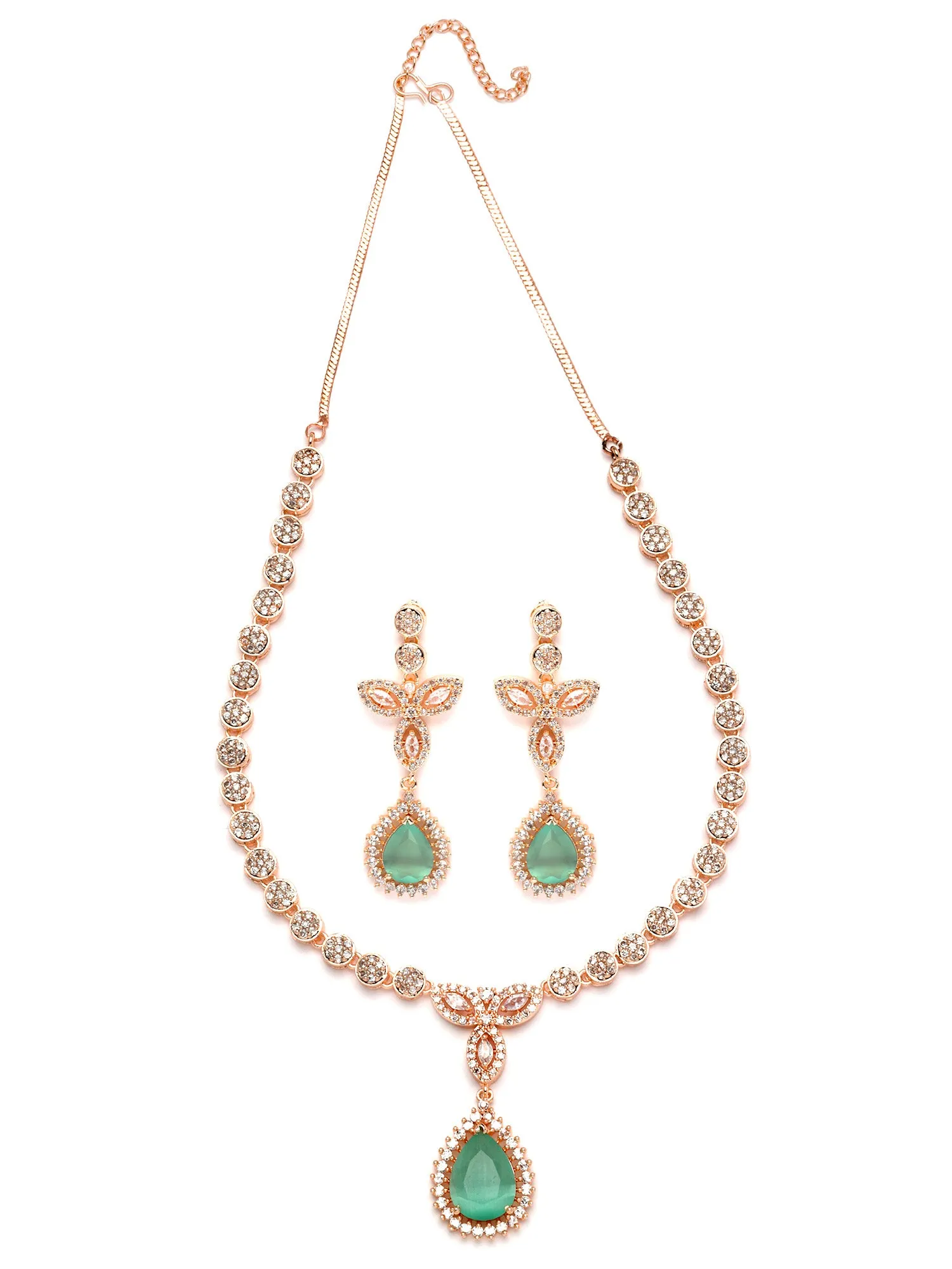 Karatcart Rose Gold Plated Drop Shape Light Green Cubic Zirconia Studded Necklace Set