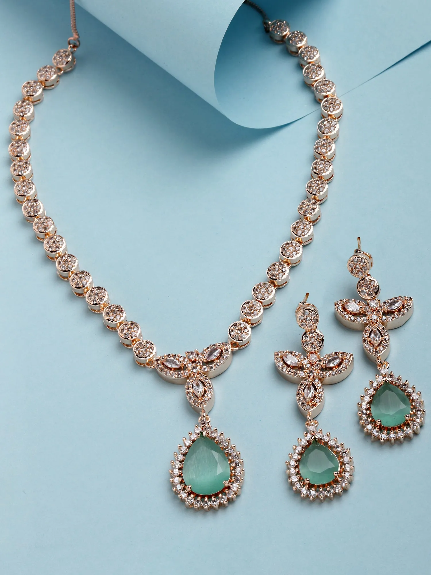Karatcart Rose Gold Plated Drop Shape Light Green Cubic Zirconia Studded Necklace Set