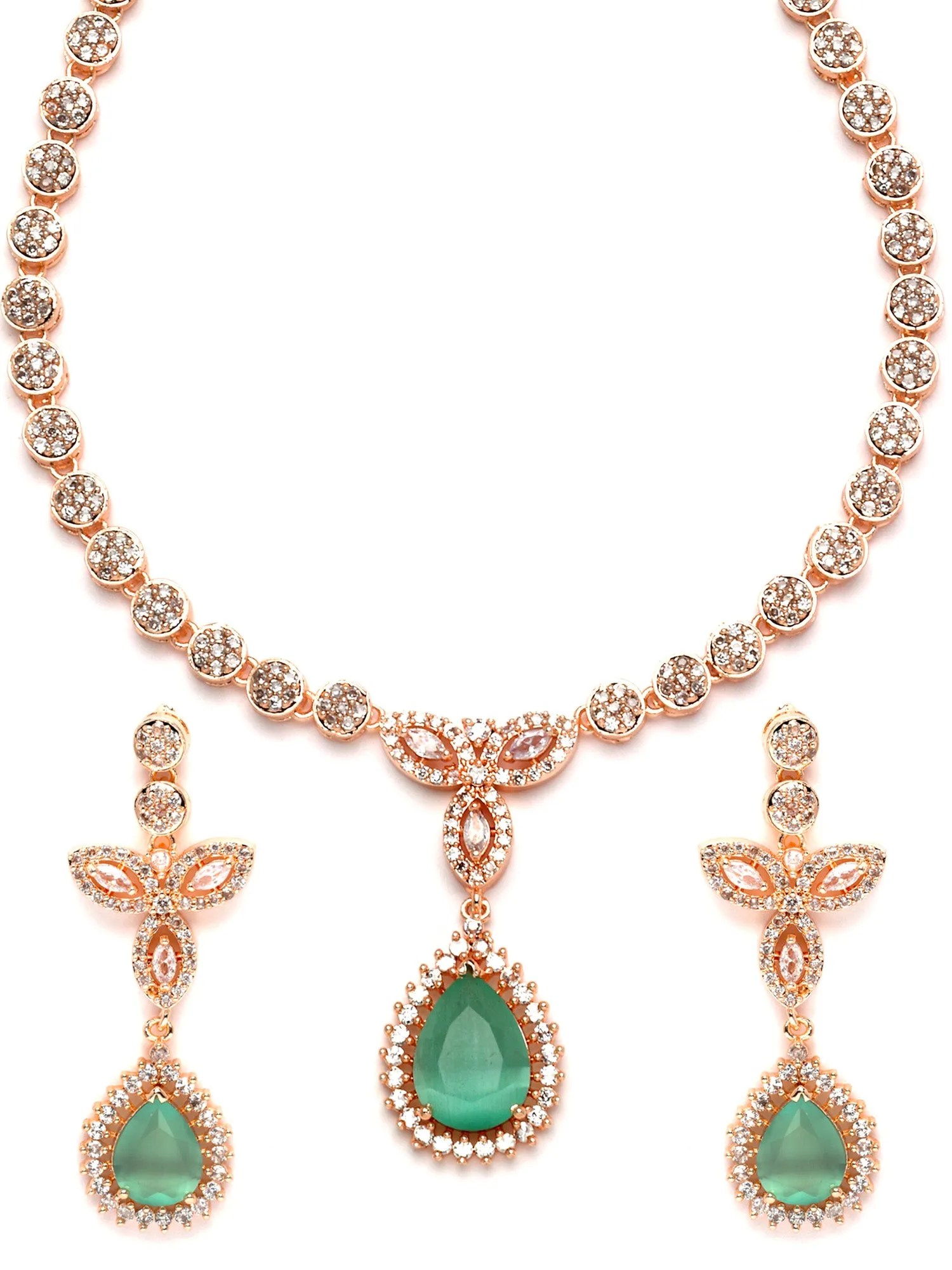 Karatcart Rose Gold Plated Drop Shape Light Green Cubic Zirconia Studded Necklace Set