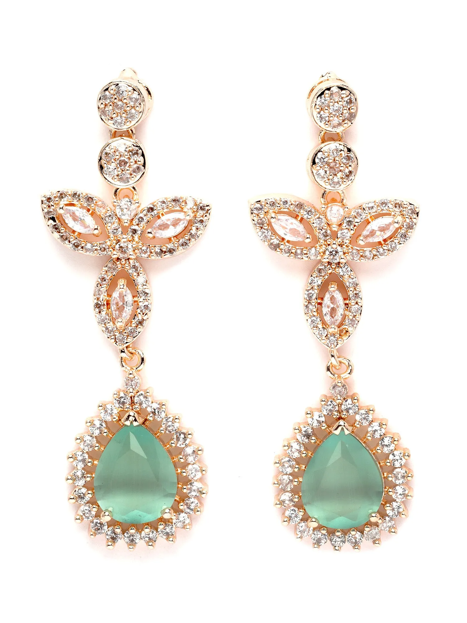 Karatcart Rose Gold Plated Drop Shape Light Green Cubic Zirconia Studded Necklace Set