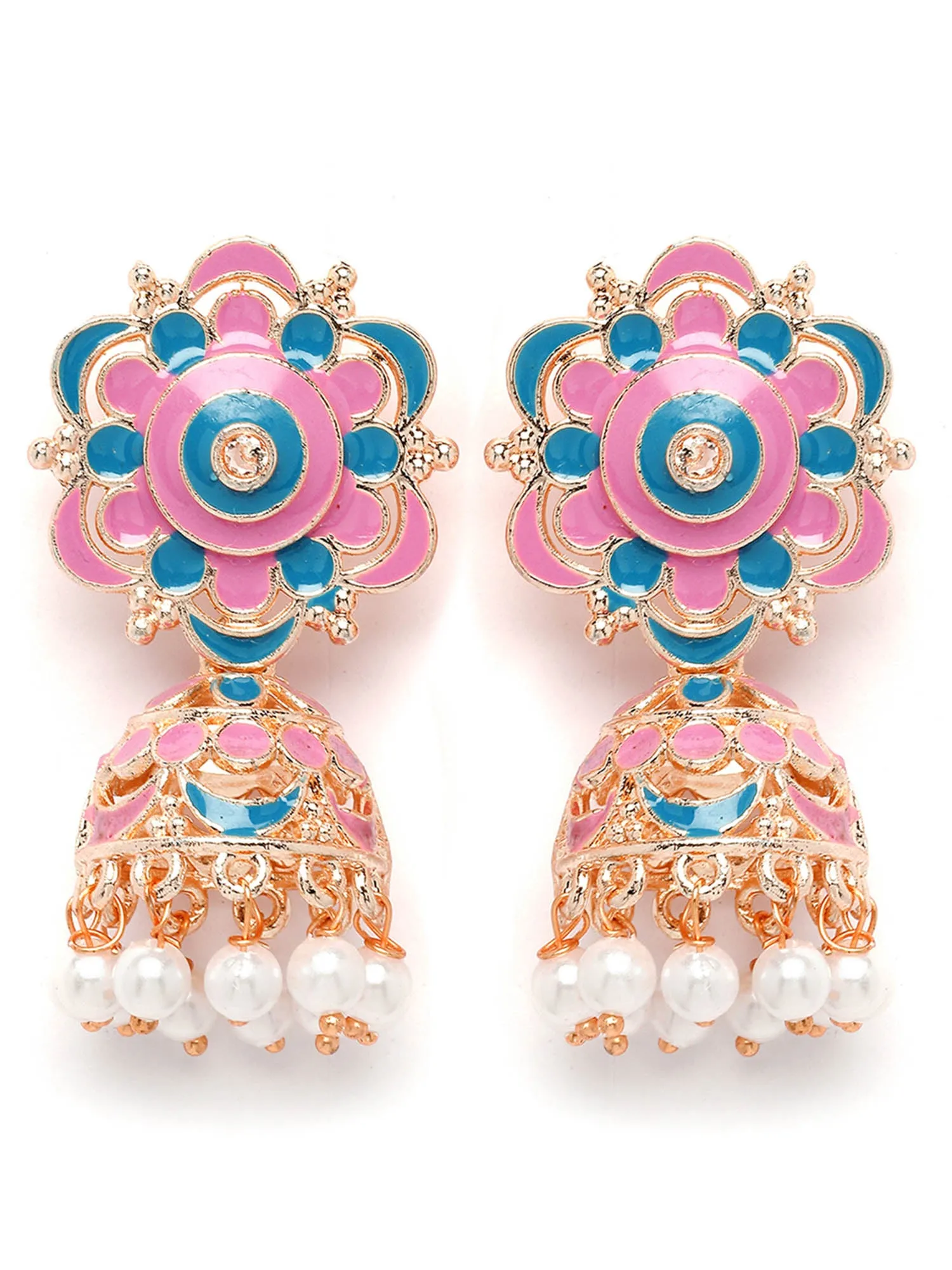 Karatcart Rose Gold Plated Floral Design Blue and Pink Meena Jhumki Earrings for Women