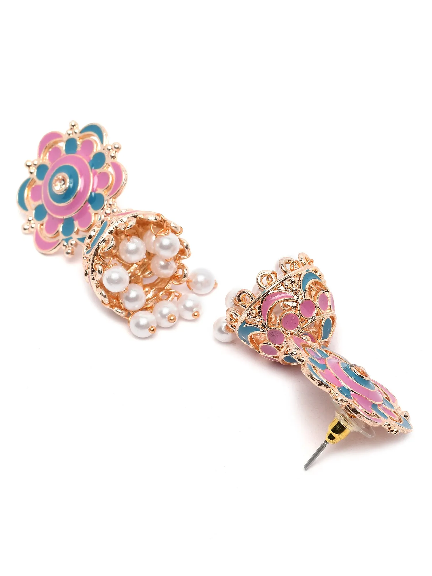 Karatcart Rose Gold Plated Floral Design Blue and Pink Meena Jhumki Earrings for Women