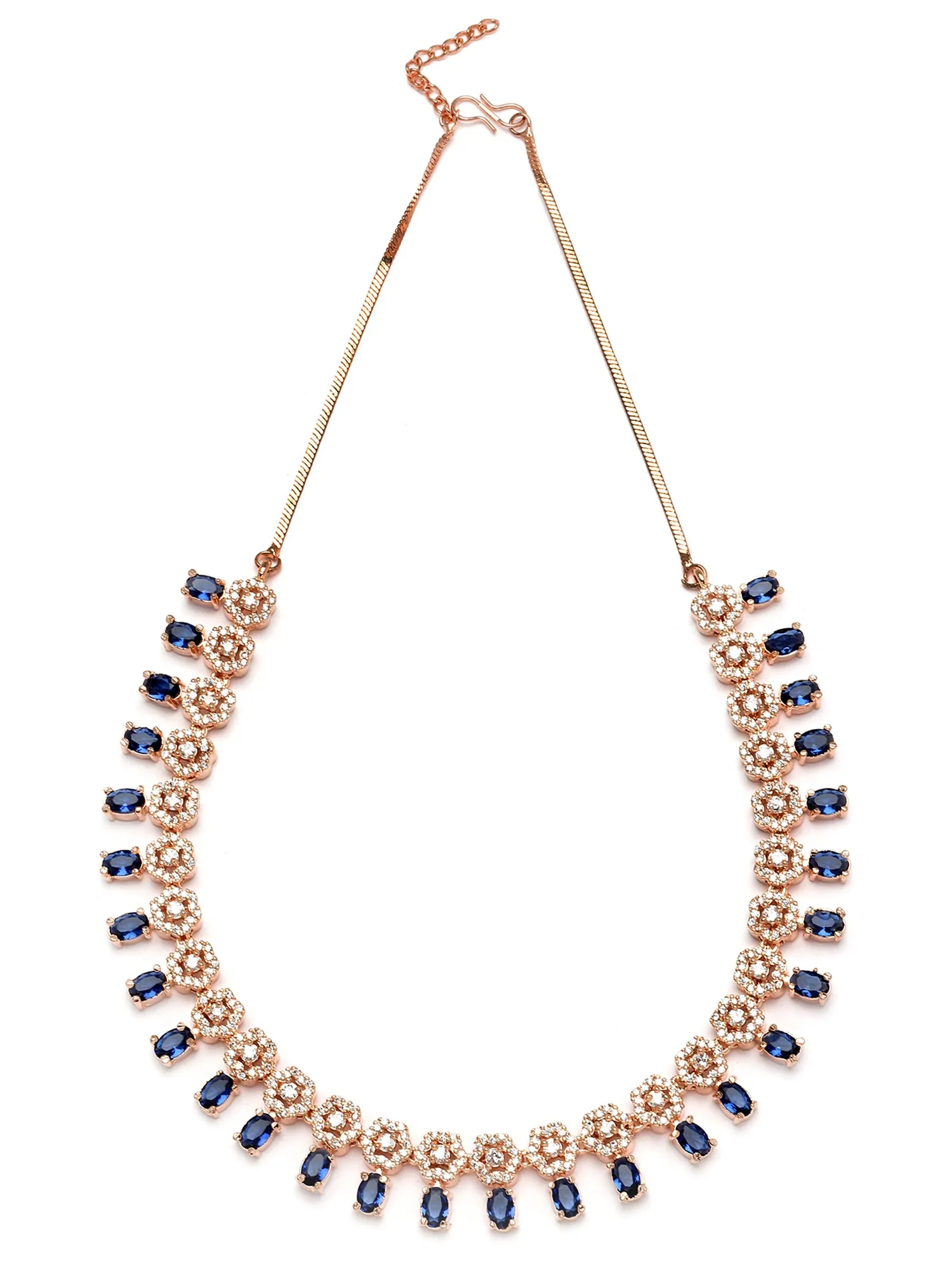 Karatcart Rose Gold Plated Floral Design Blue Cubic Zirconia Studded Necklace Set
