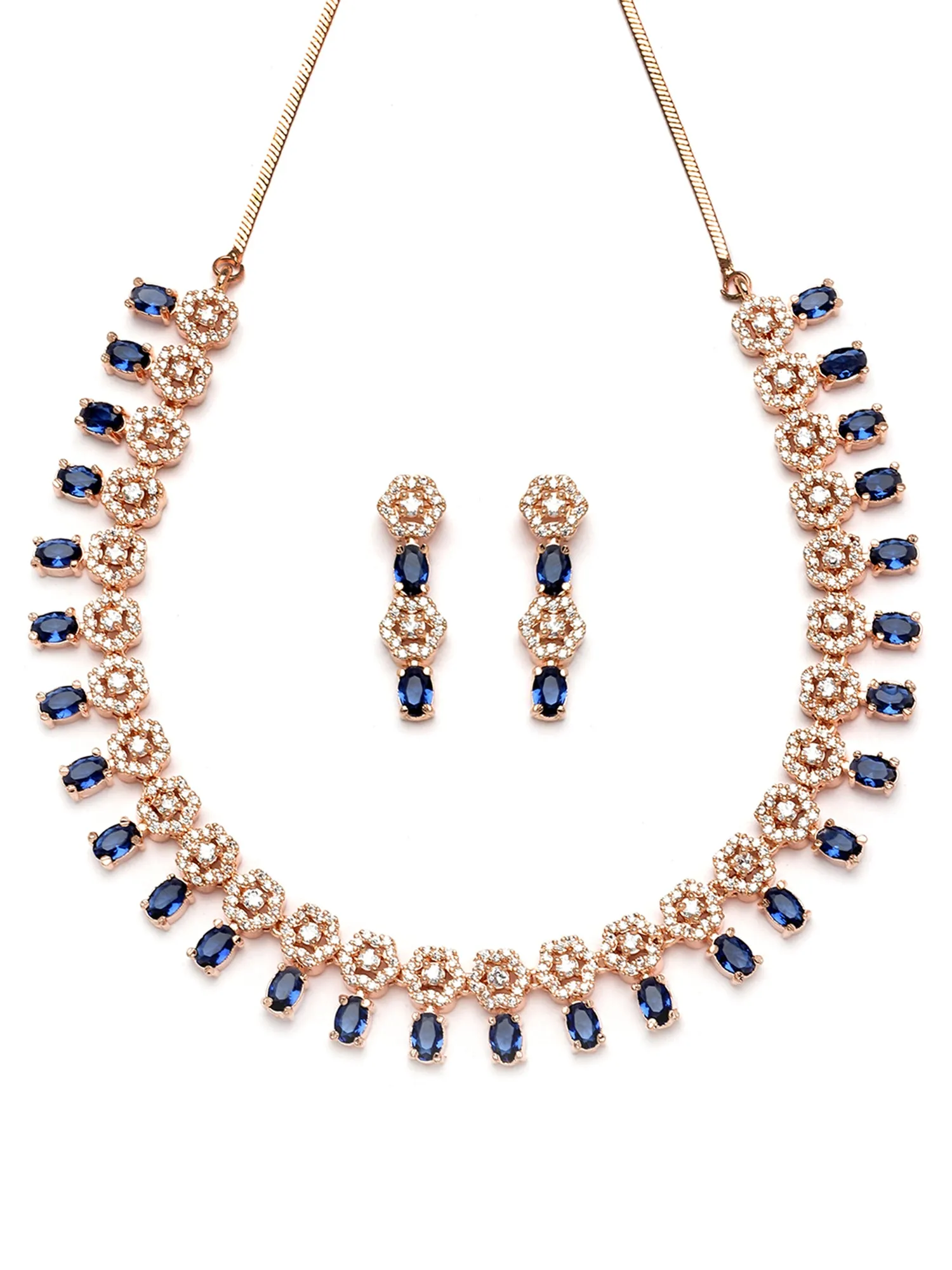 Karatcart Rose Gold Plated Floral Design Blue Cubic Zirconia Studded Necklace Set