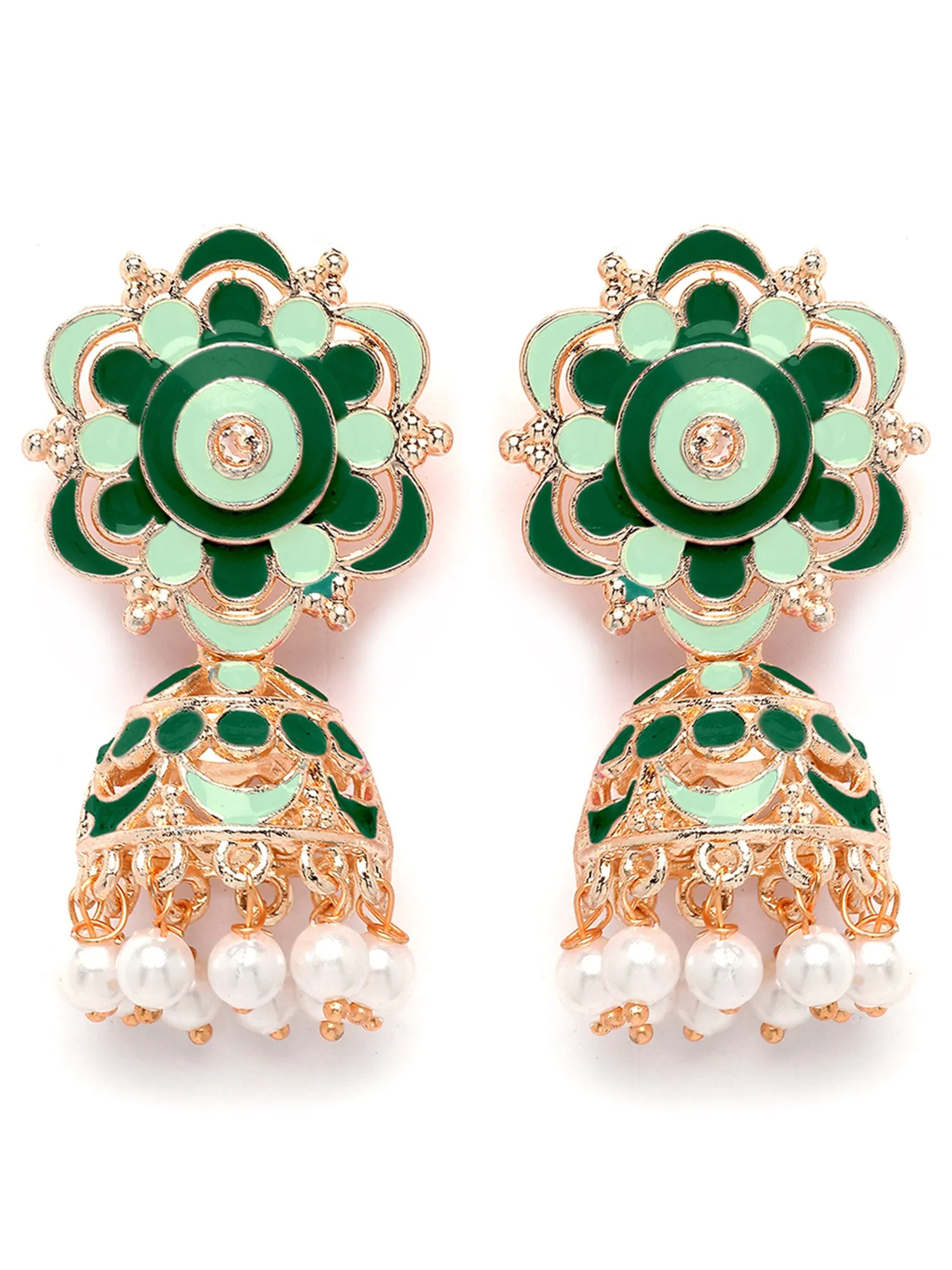 Karatcart Rose Gold Plated Floral Design Green and Lime Green Meena Jhumki Earrings for Women