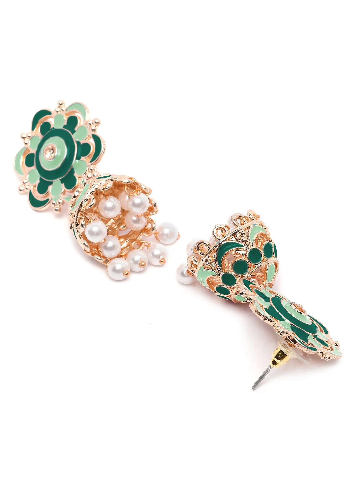 Karatcart Rose Gold Plated Floral Design Green and Lime Green Meena Jhumki Earrings for Women
