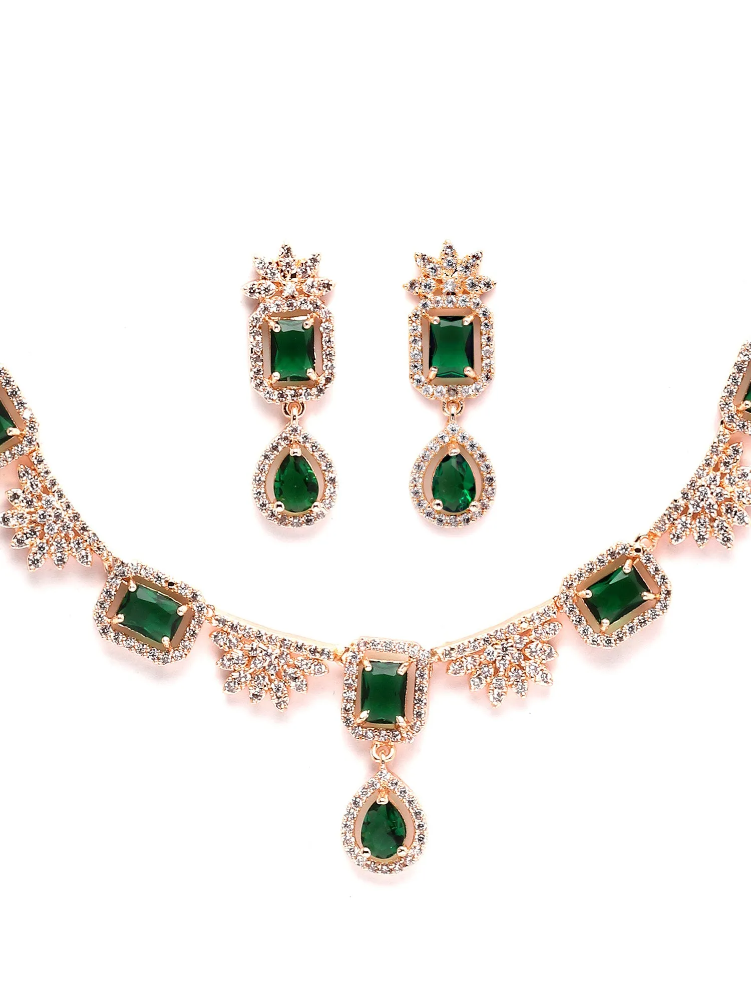 Karatcart Rose Gold Plated Floral Design Green Cubic Zirconia Studded Necklace Set