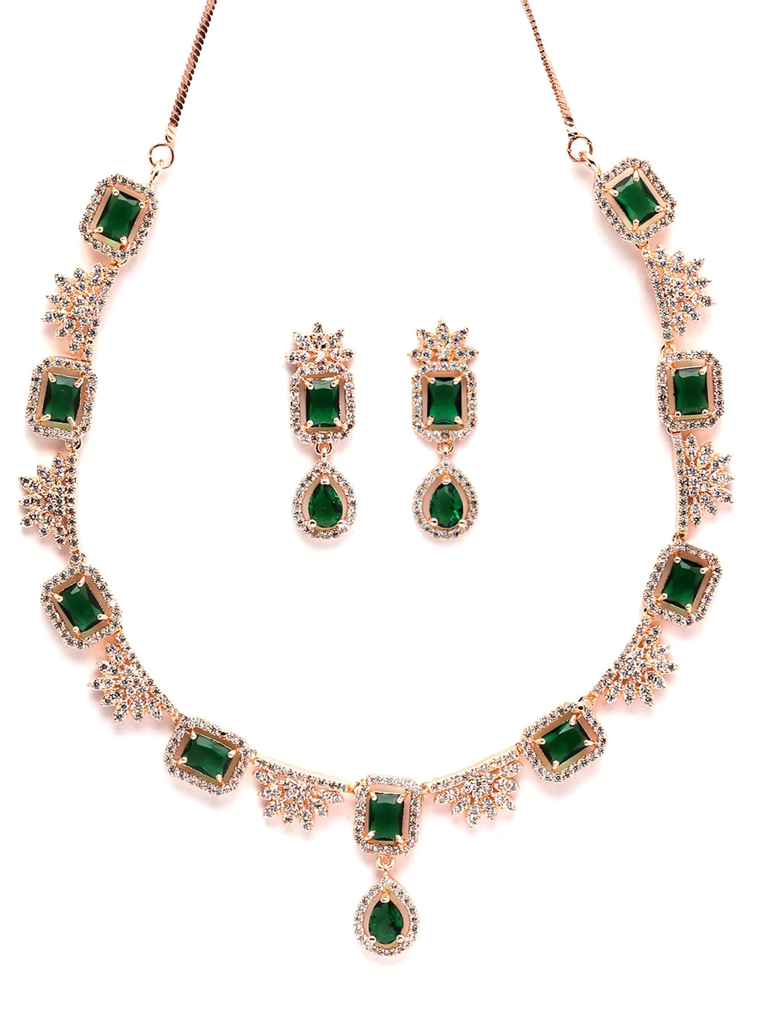 Karatcart Rose Gold Plated Floral Design Green Cubic Zirconia Studded Necklace Set