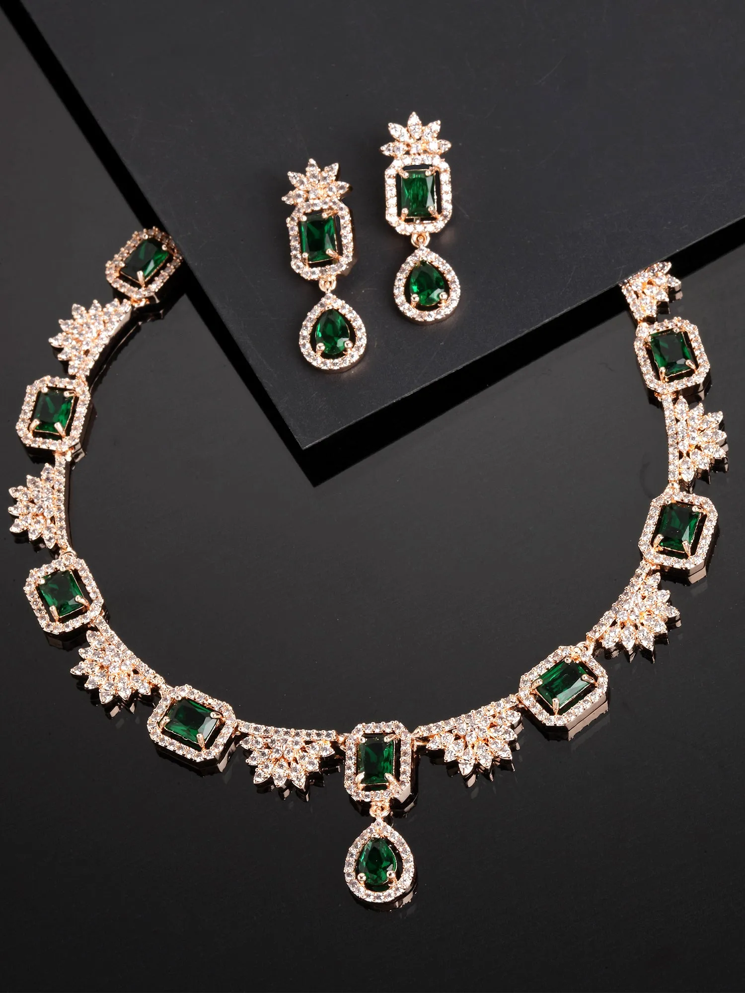 Karatcart Rose Gold Plated Floral Design Green Cubic Zirconia Studded Necklace Set