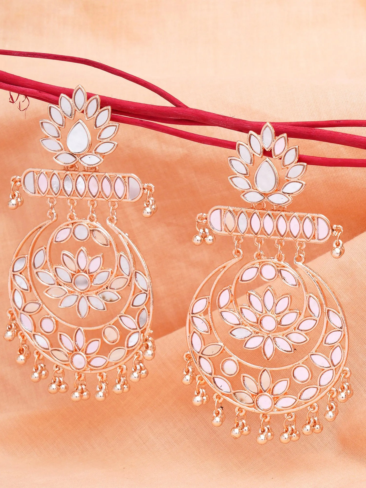 Karatcart Rose Gold Plated Floral Design Mirror Work Long Dangler Earrings for Women