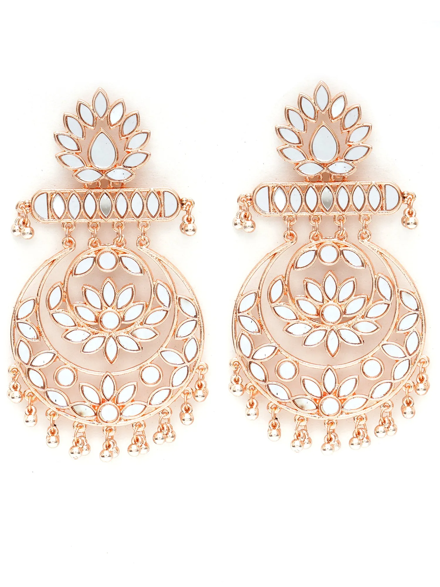 Karatcart Rose Gold Plated Floral Design Mirror Work Long Dangler Earrings for Women
