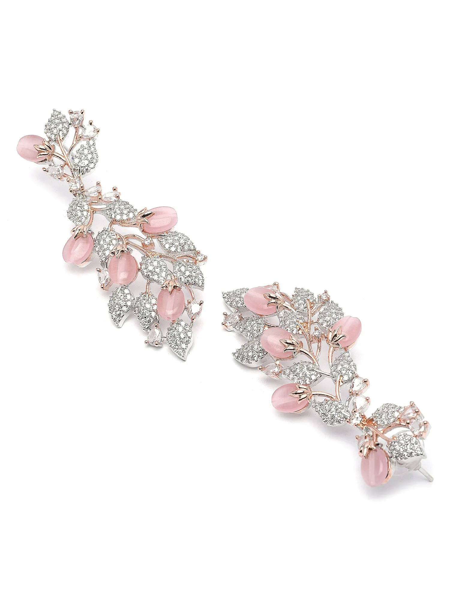 Karatcart Rose Gold Plated Floral Design Pink CZ Stone Dangler Earrings for Women