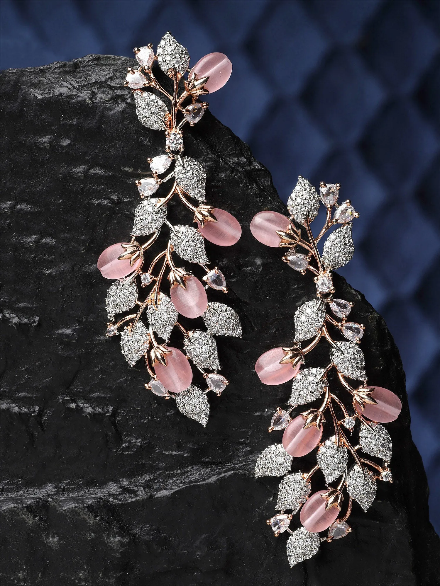 Karatcart Rose Gold Plated Floral Design Pink CZ Stone Dangler Earrings for Women