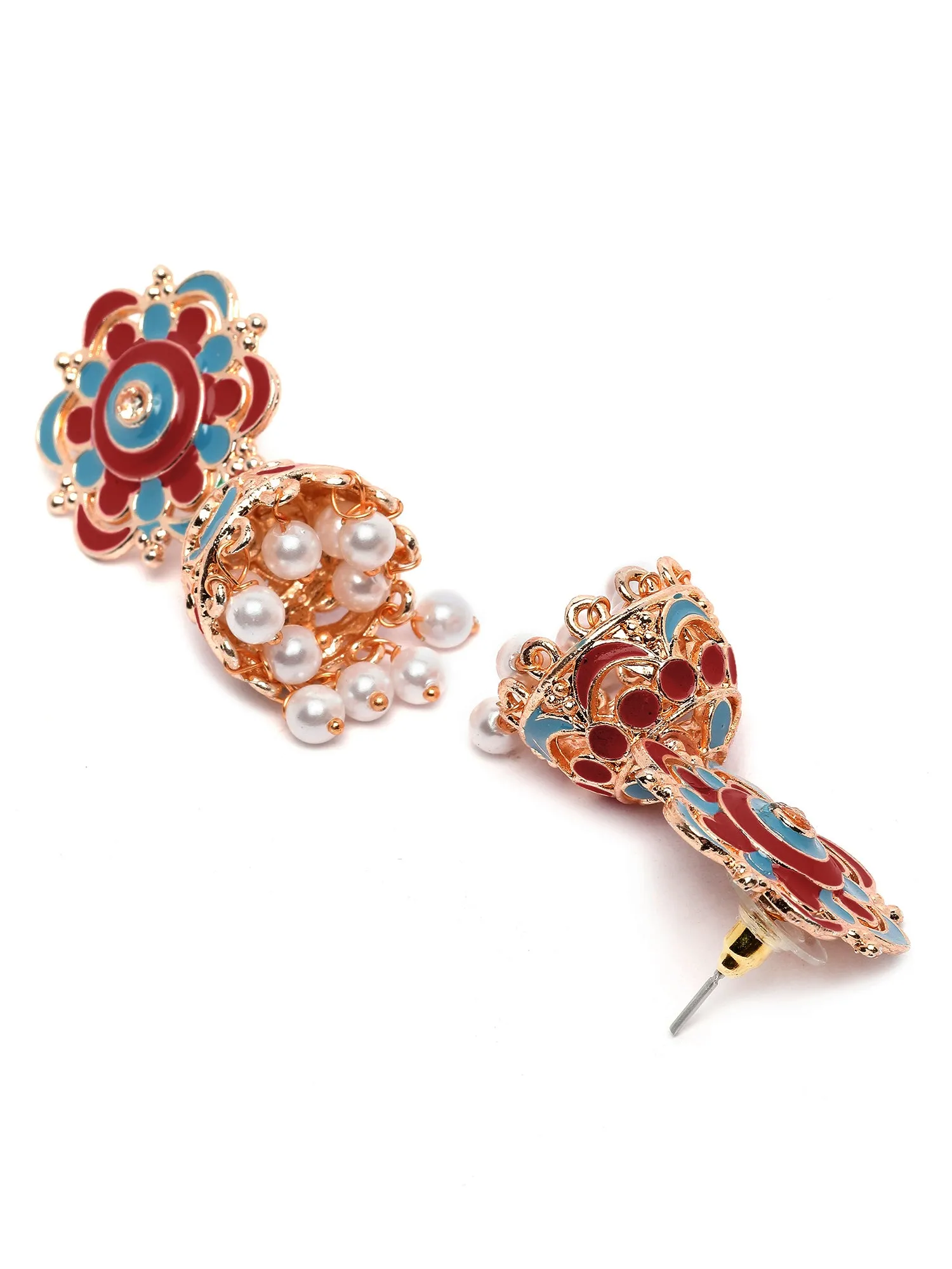 Karatcart Rose Gold Plated Floral Design Red and Blue Meena Jhumki Earrings for Women