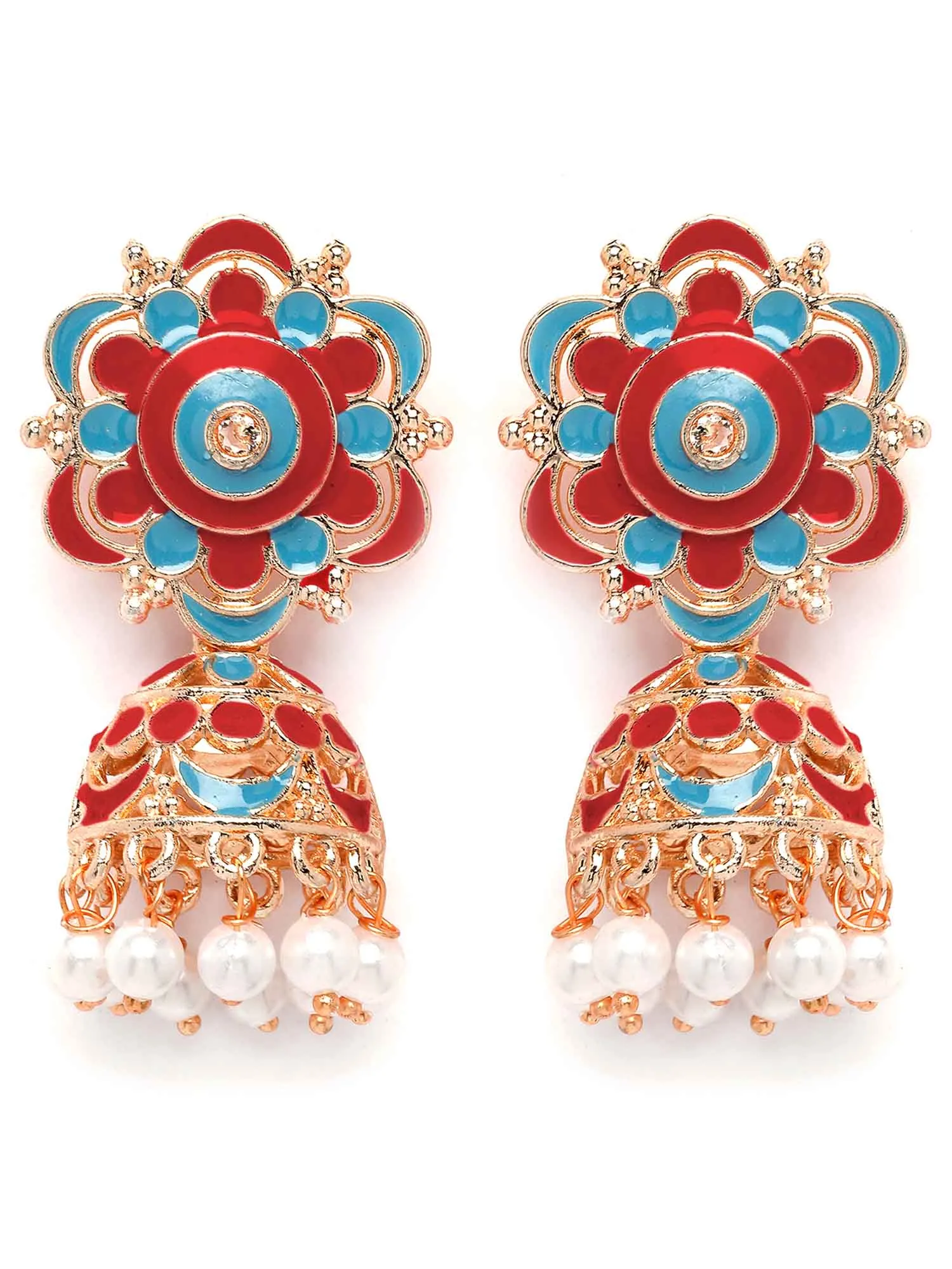 Karatcart Rose Gold Plated Floral Design Red and Blue Meena Jhumki Earrings for Women