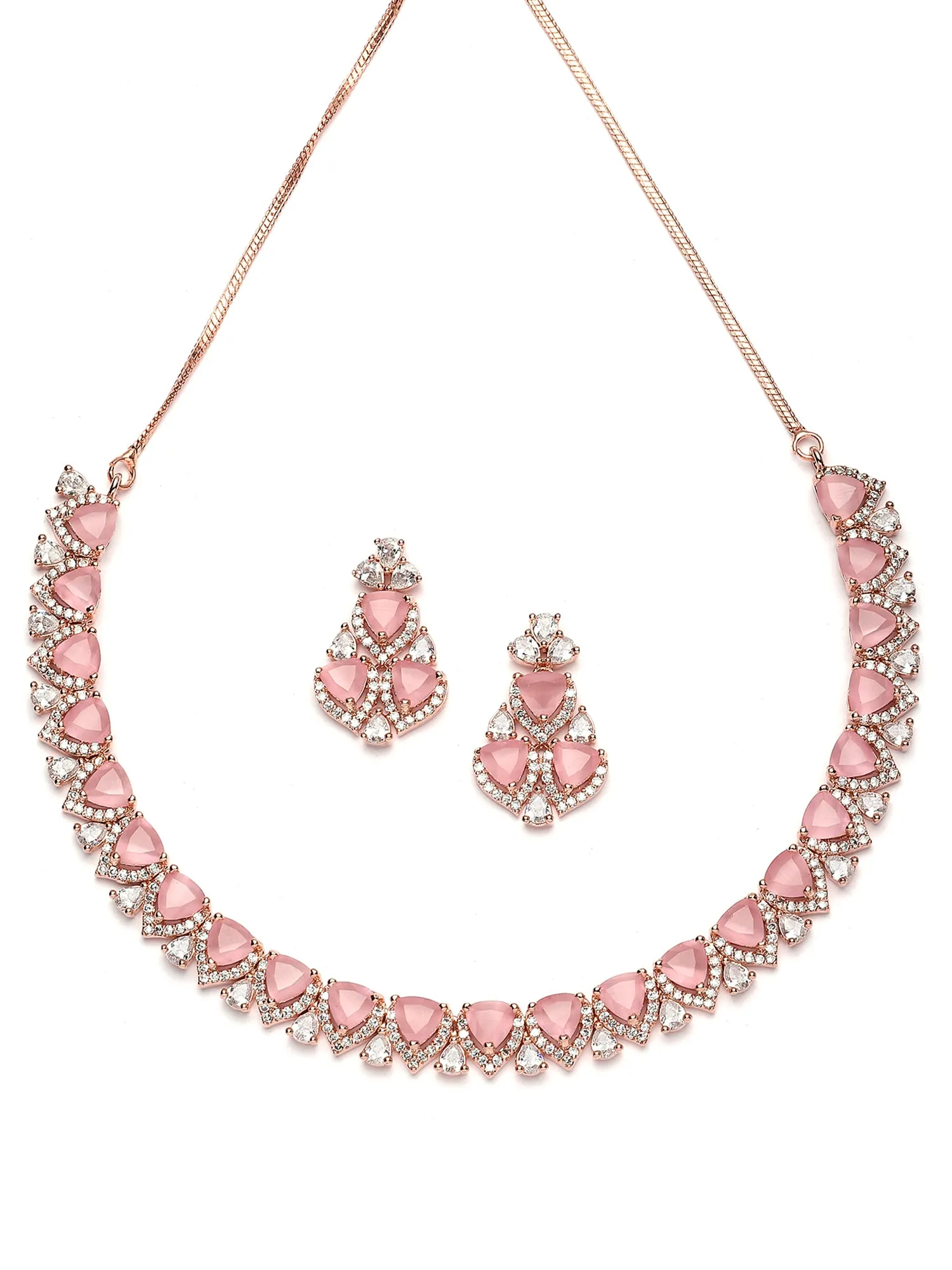 Karatcart Rose Gold Plated Heart Shape Pink Cubic Zirconia Necklace Set for Women
