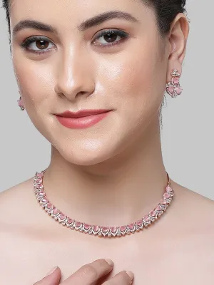 Karatcart Rose Gold Plated Heart Shape Pink Cubic Zirconia Necklace Set for Women