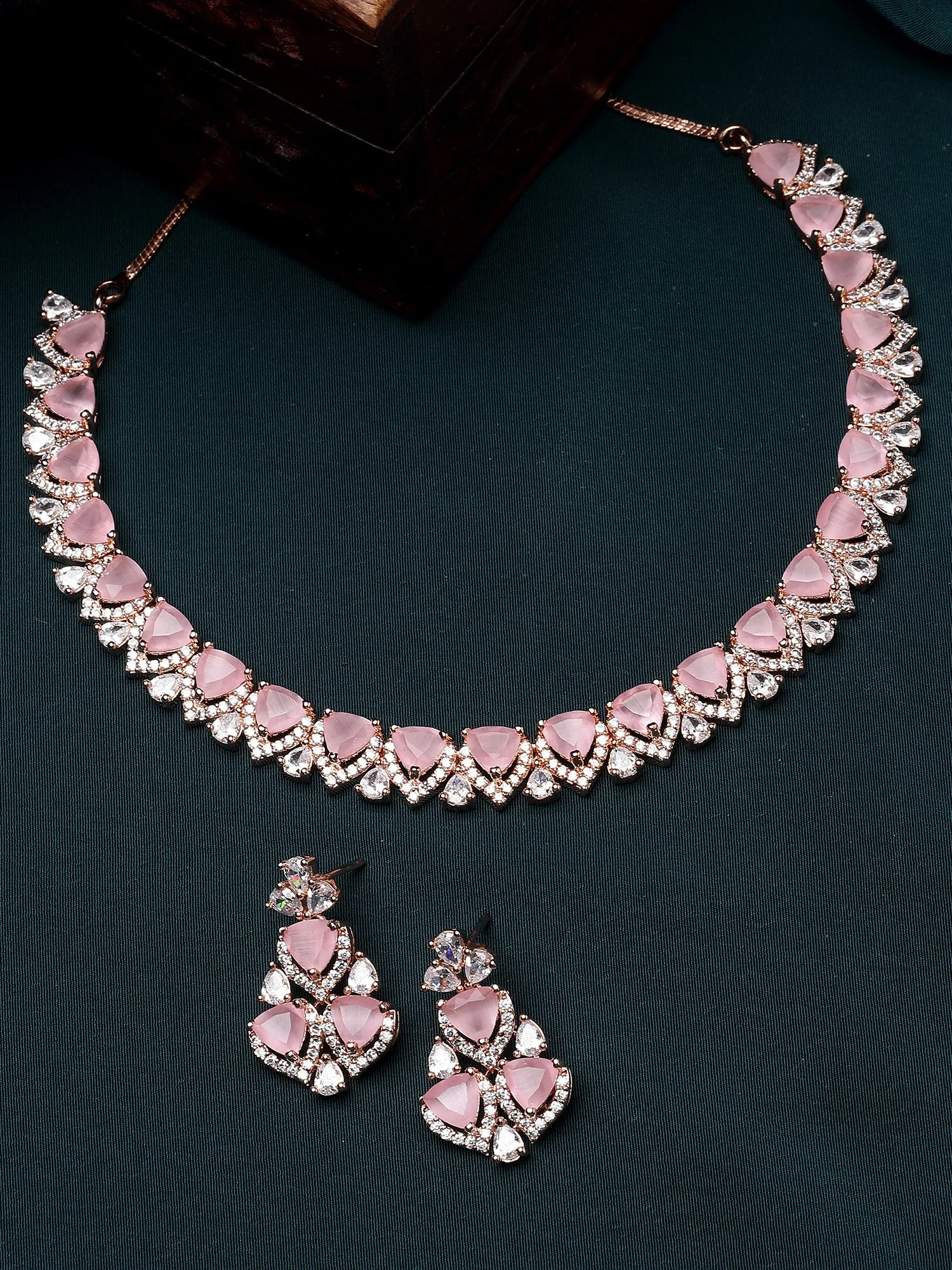 Karatcart Rose Gold Plated Heart Shape Pink Cubic Zirconia Necklace Set for Women