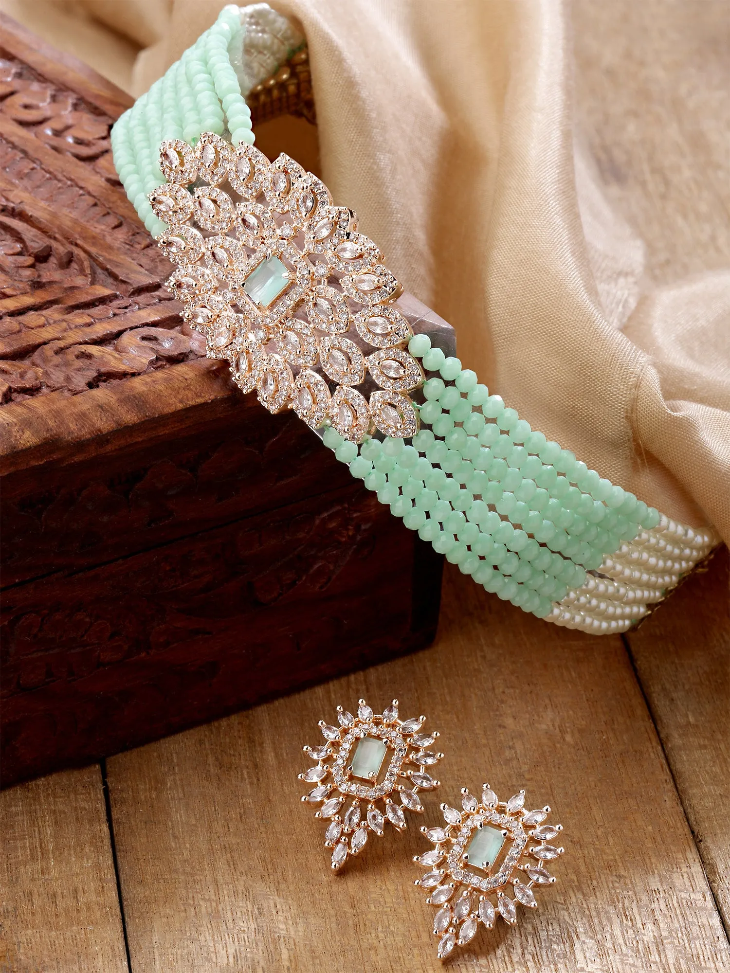 Karatcart Rose Gold Plated Light Green Crystal Cubic Zirconia Choker Necklace Set for Women