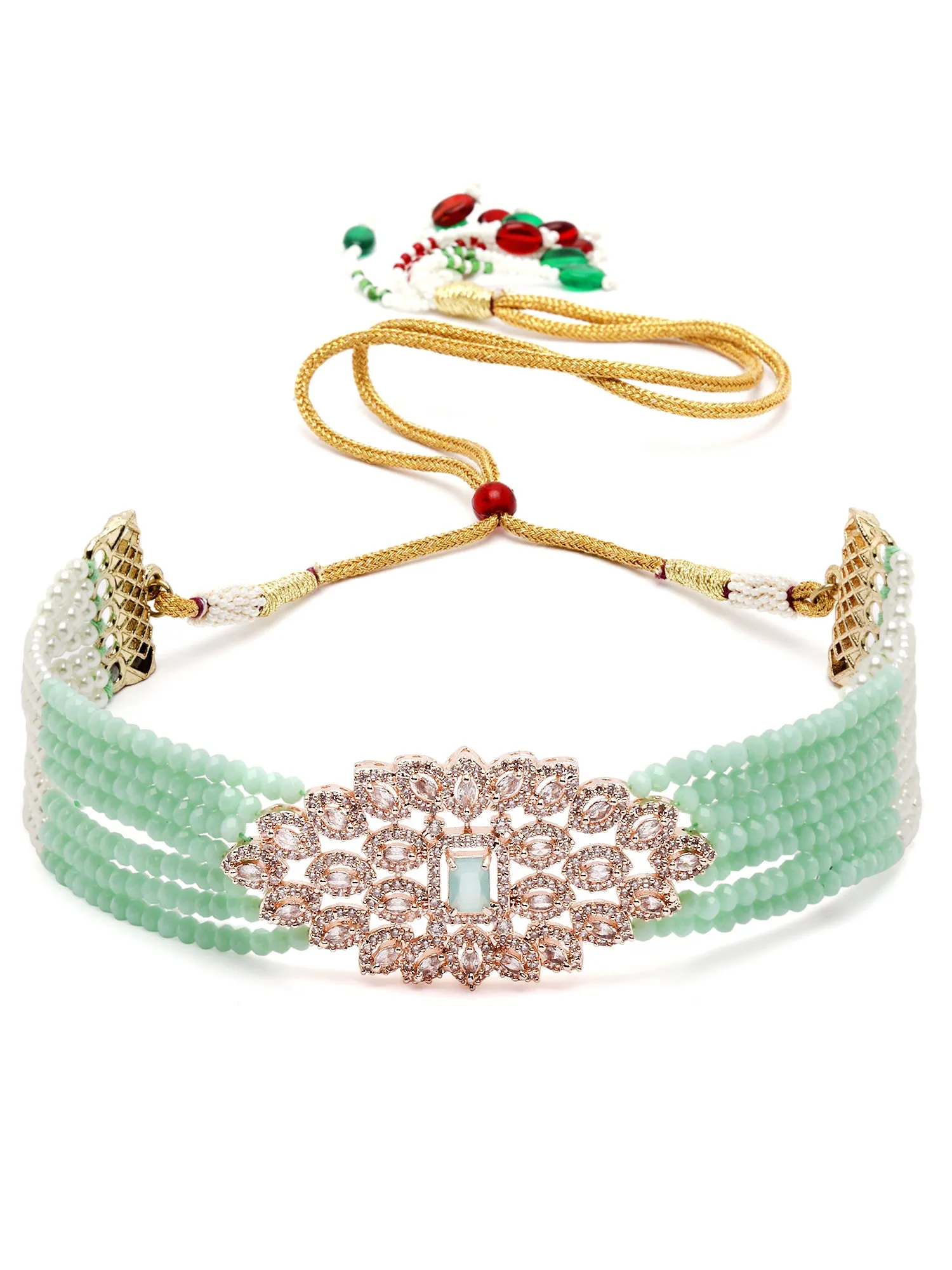 Karatcart Rose Gold Plated Light Green Crystal Cubic Zirconia Choker Necklace Set for Women