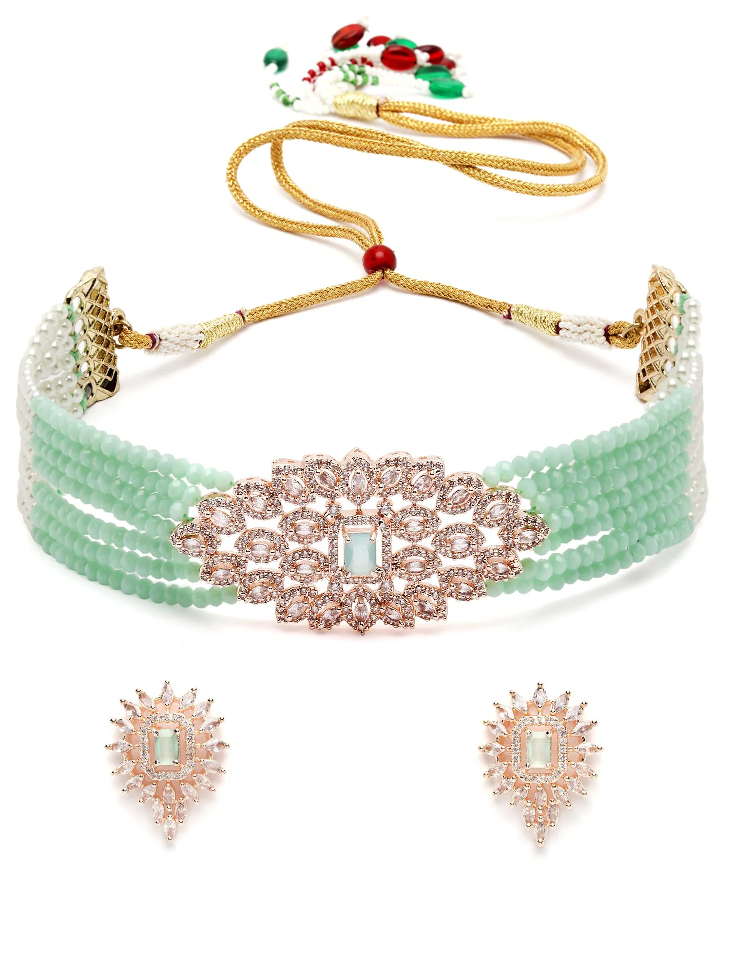 Karatcart Rose Gold Plated Light Green Crystal Cubic Zirconia Choker Necklace Set for Women