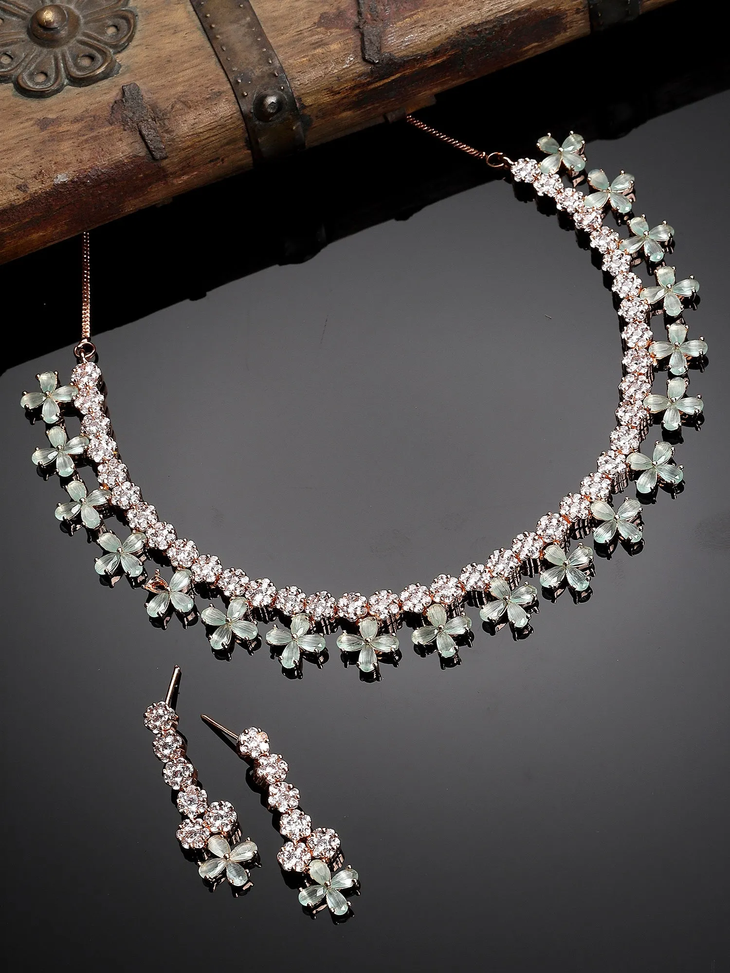 Karatcart Rose Gold Plated Light Green Cubic Zirconia Studded Floral Design Necklace Set for Women