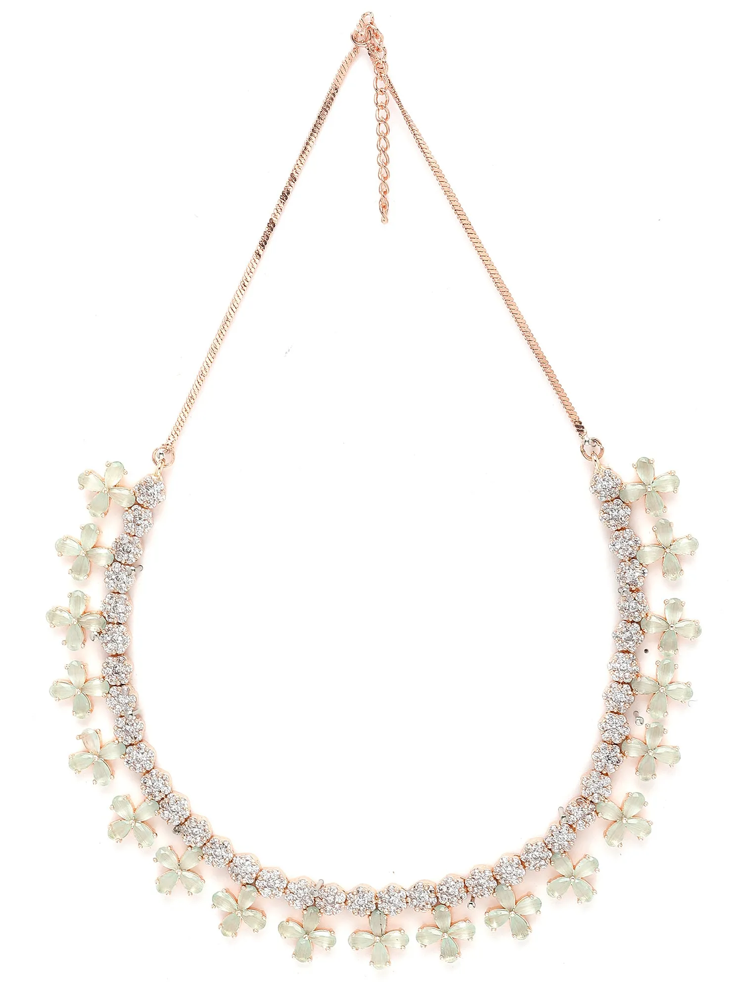 Karatcart Rose Gold Plated Light Green Cubic Zirconia Studded Floral Design Necklace Set for Women