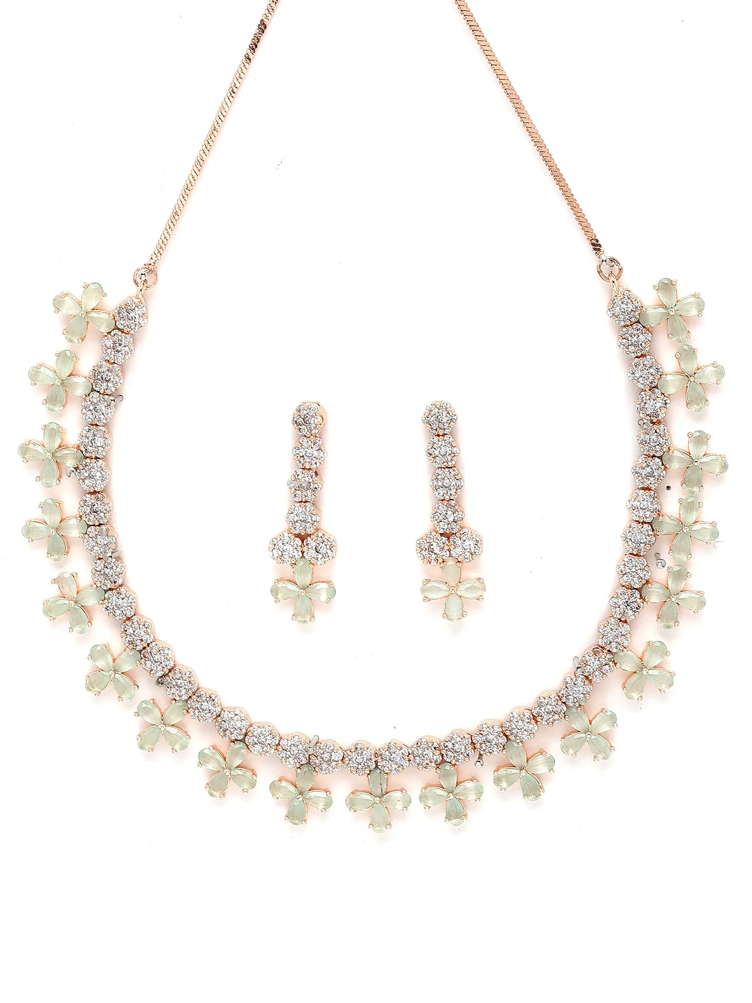 Karatcart Rose Gold Plated Light Green Cubic Zirconia Studded Floral Design Necklace Set for Women