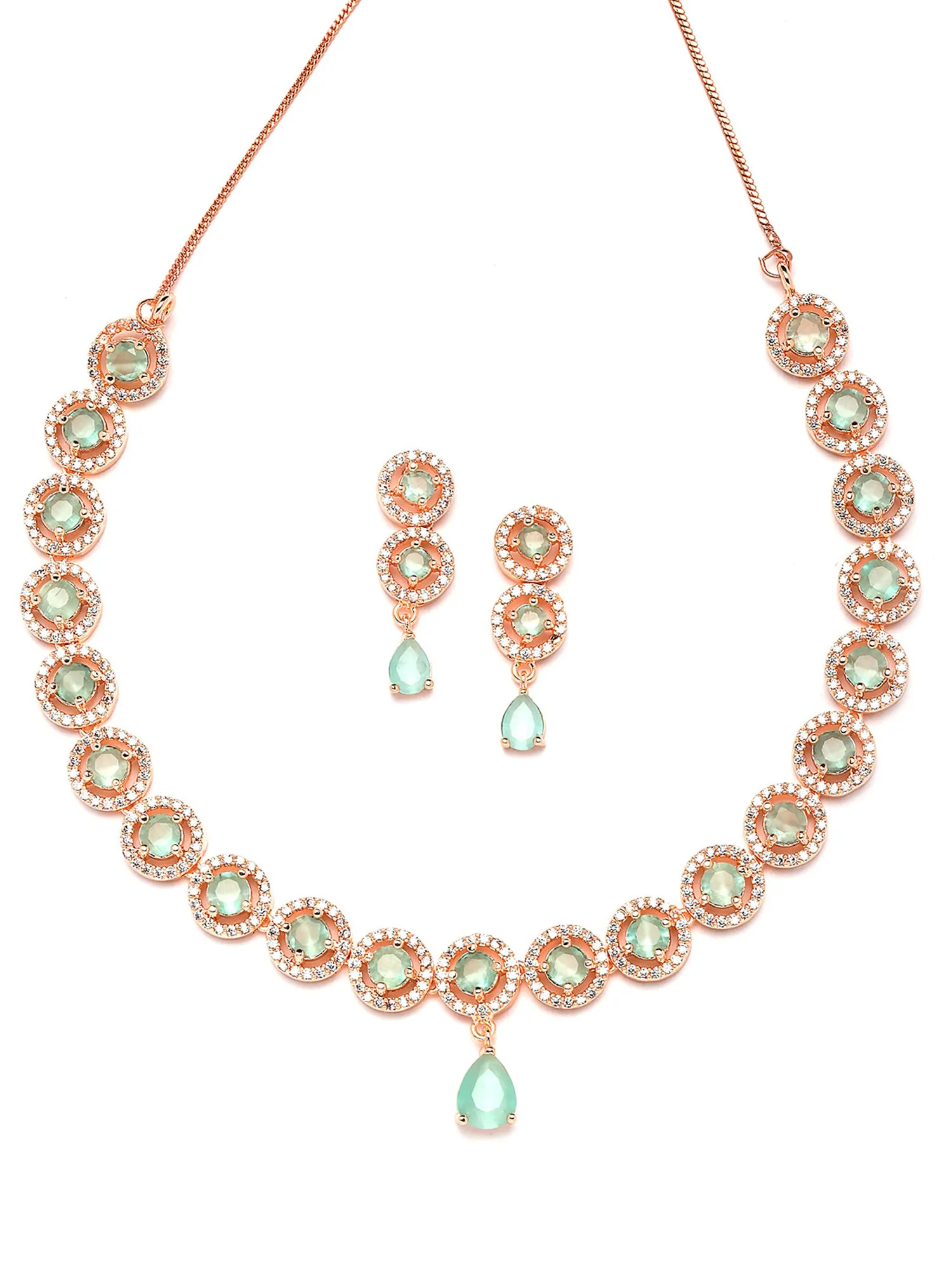 Karatcart Rose Gold Plated Light Green Cubic Zirconia Studded Necklace Set