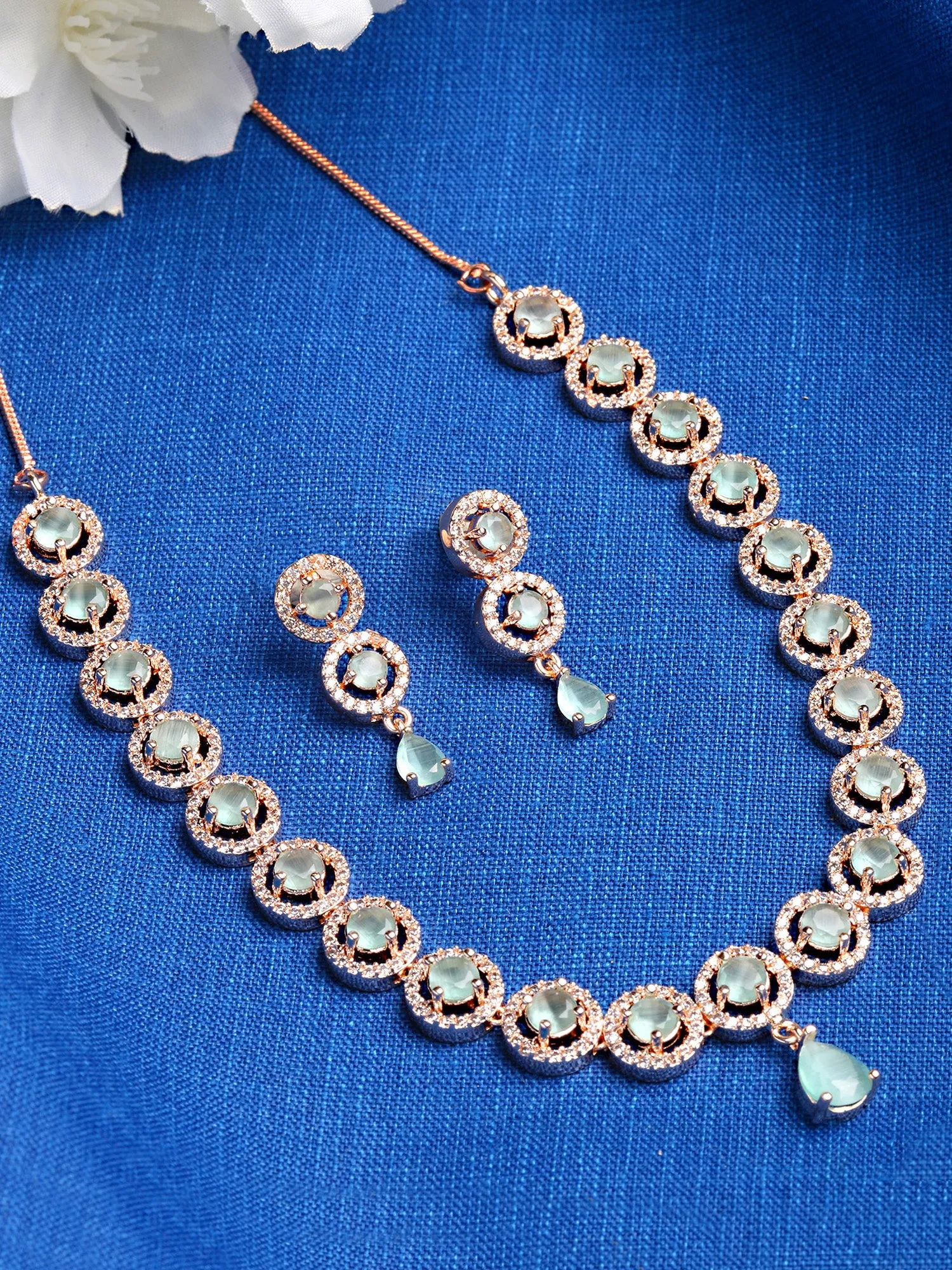 Karatcart Rose Gold Plated Light Green Cubic Zirconia Studded Necklace Set