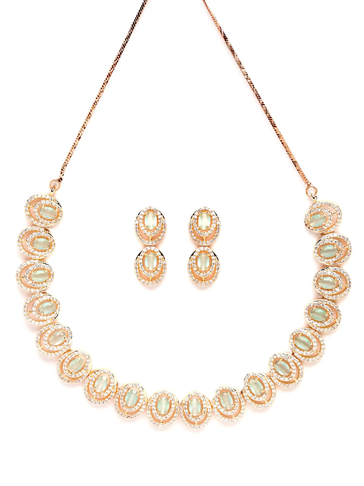 Karatcart Rose Gold Plated Light Green Floral CZ Stone Studded Jewellery Set