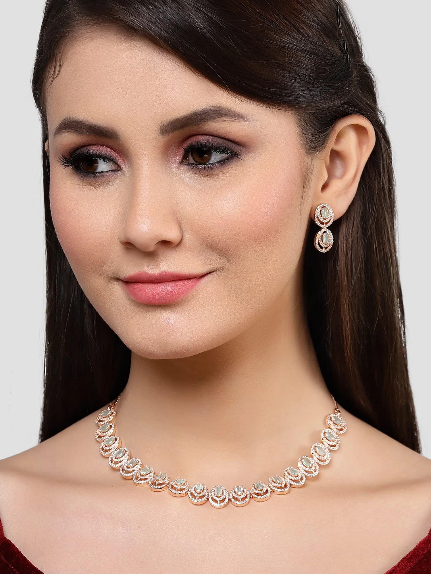 Karatcart Rose Gold Plated Light Green Floral CZ Stone Studded Jewellery Set