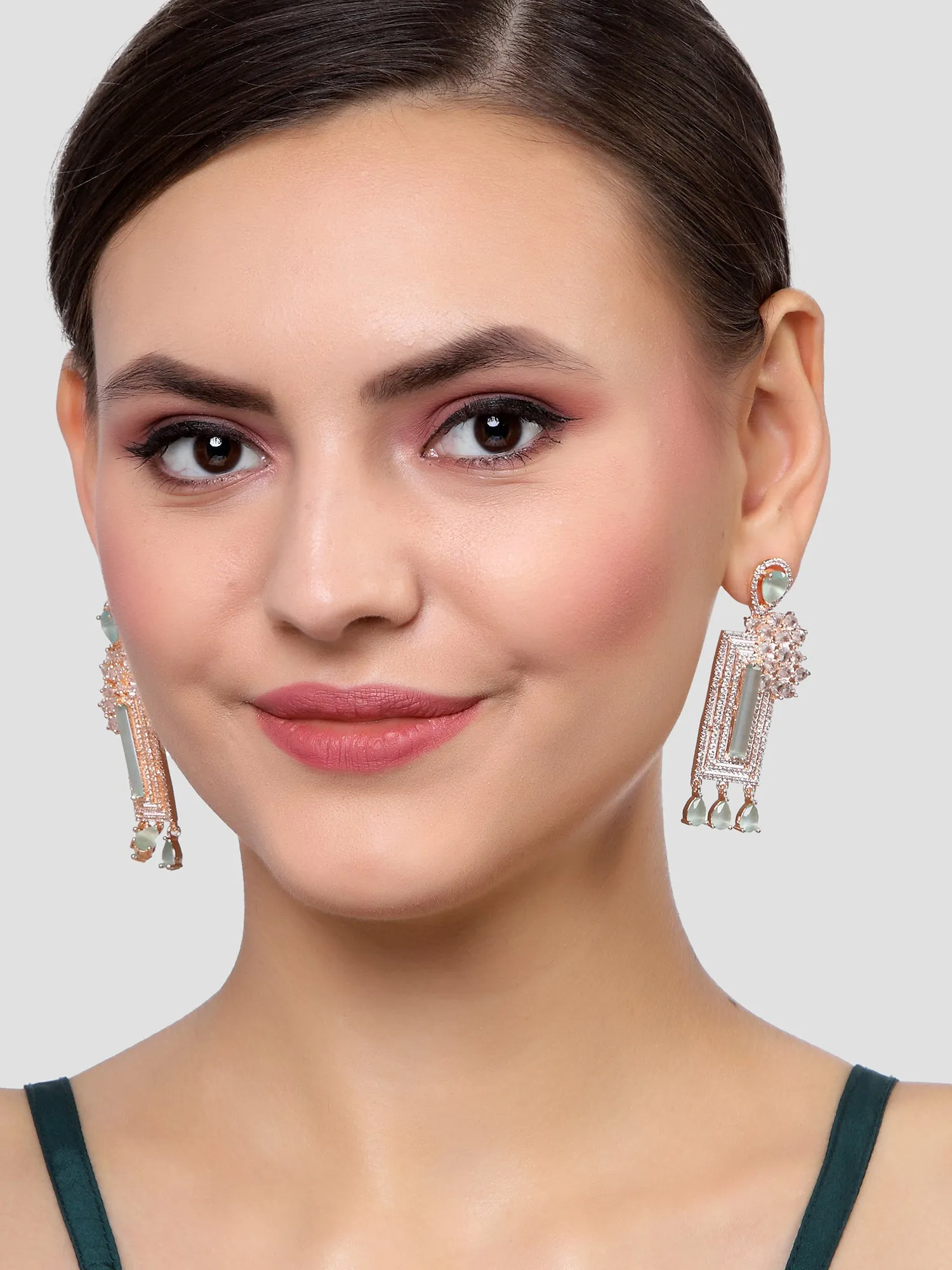 Karatcart Rose Gold Plated Lime Green Cubic Zirconia Studded Drop Earrings for Women
