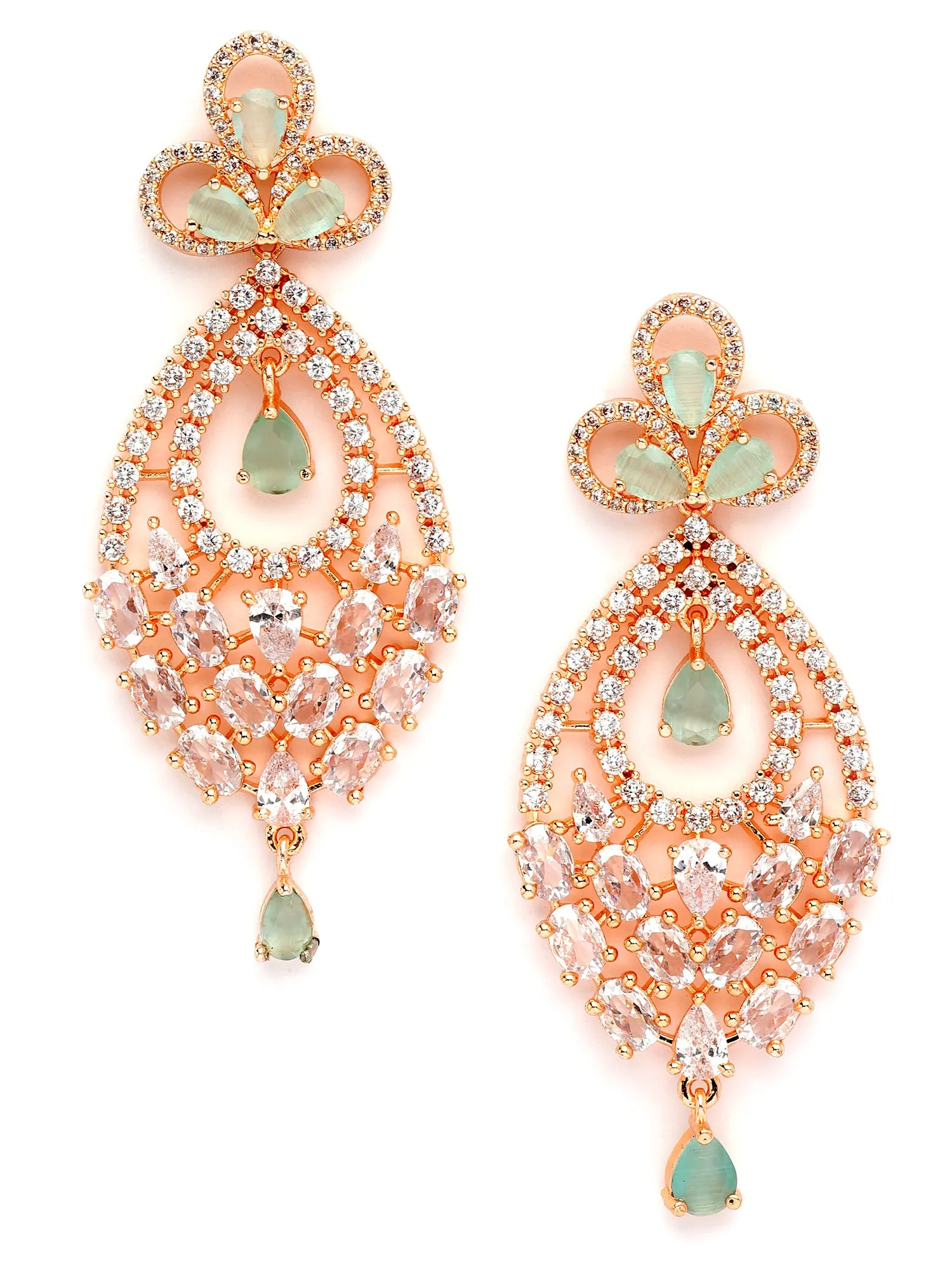 Karatcart Rose Gold Plated Lime Green Cubic Zirconia Studded Drop Shape Dangler Earrings for Women