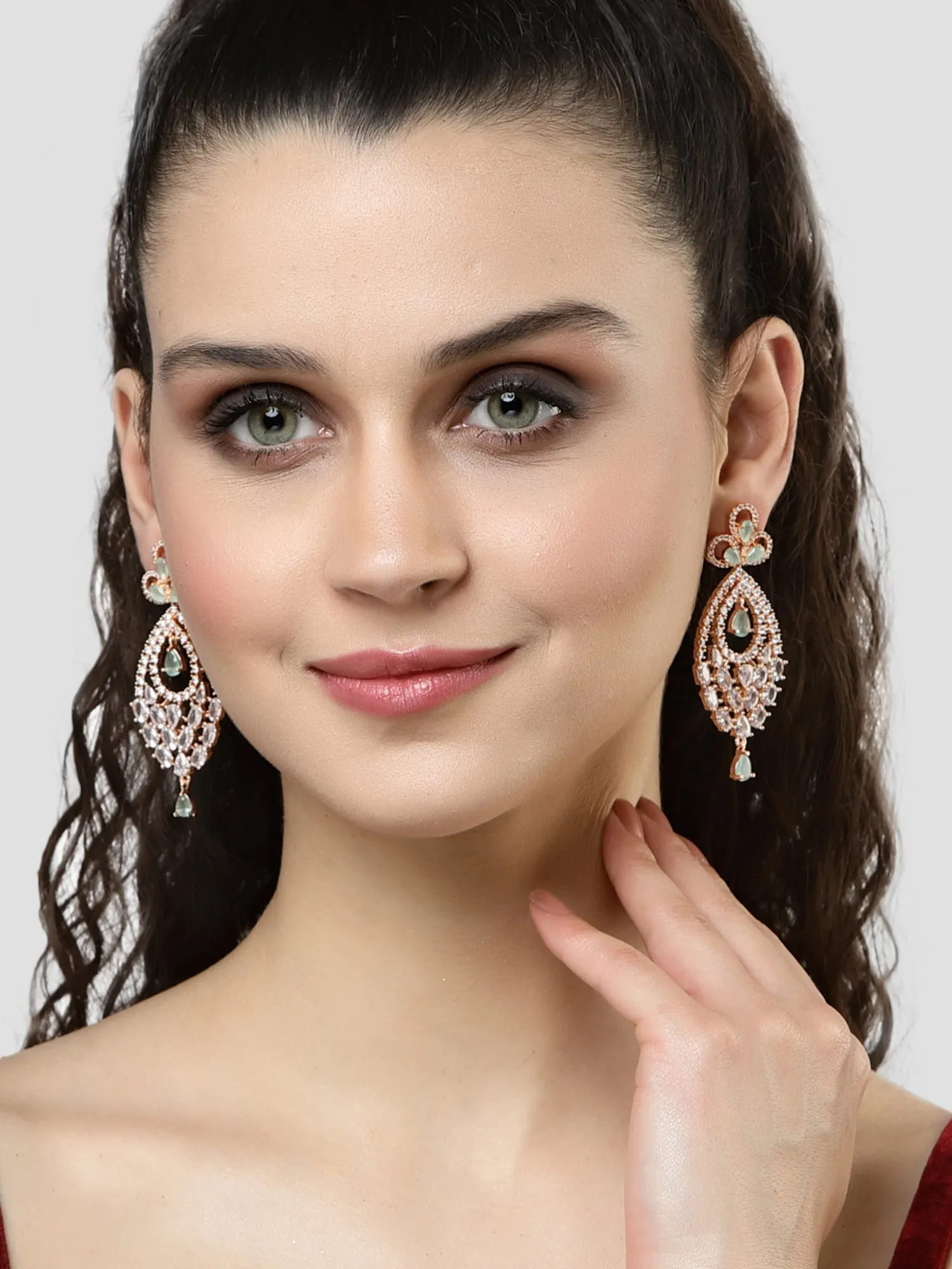 Karatcart Rose Gold Plated Lime Green Cubic Zirconia Studded Drop Shape Dangler Earrings for Women