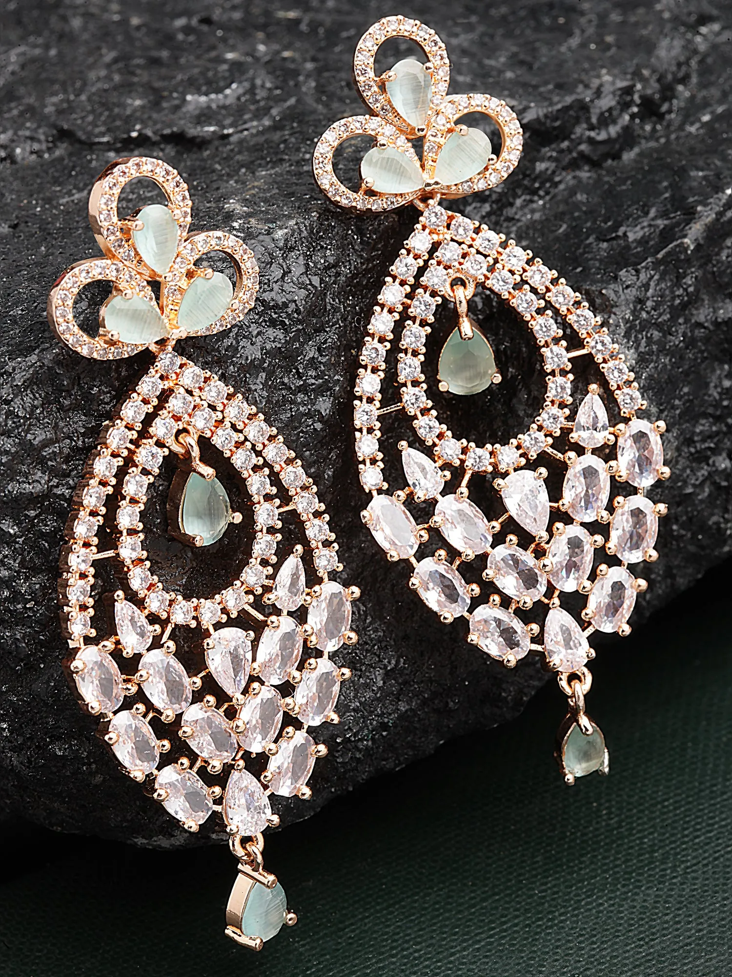 Karatcart Rose Gold Plated Lime Green Cubic Zirconia Studded Drop Shape Dangler Earrings for Women