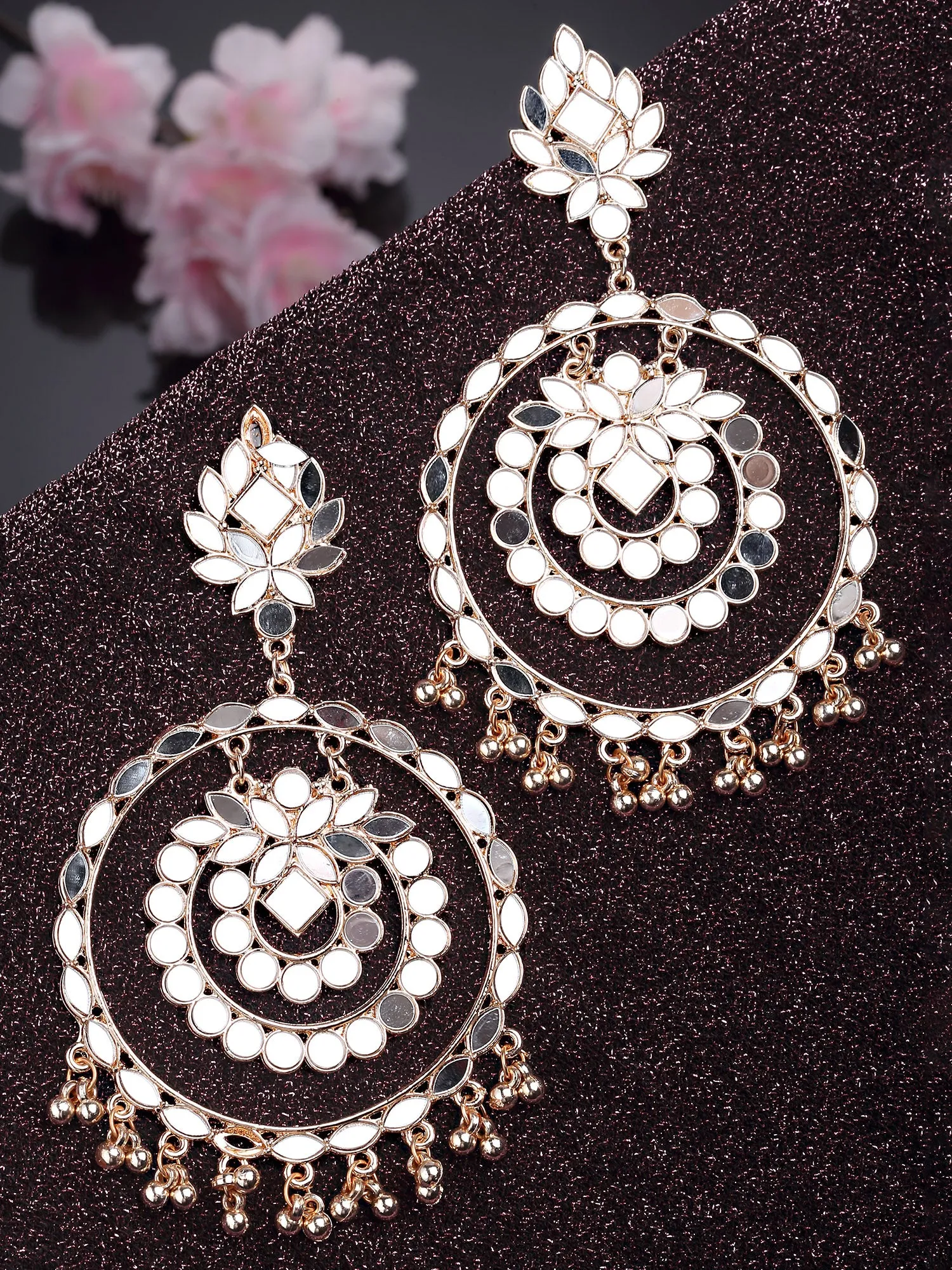 Karatcart Rose Gold Plated Mirror Studded Round Shape Dangler Earrings for Women