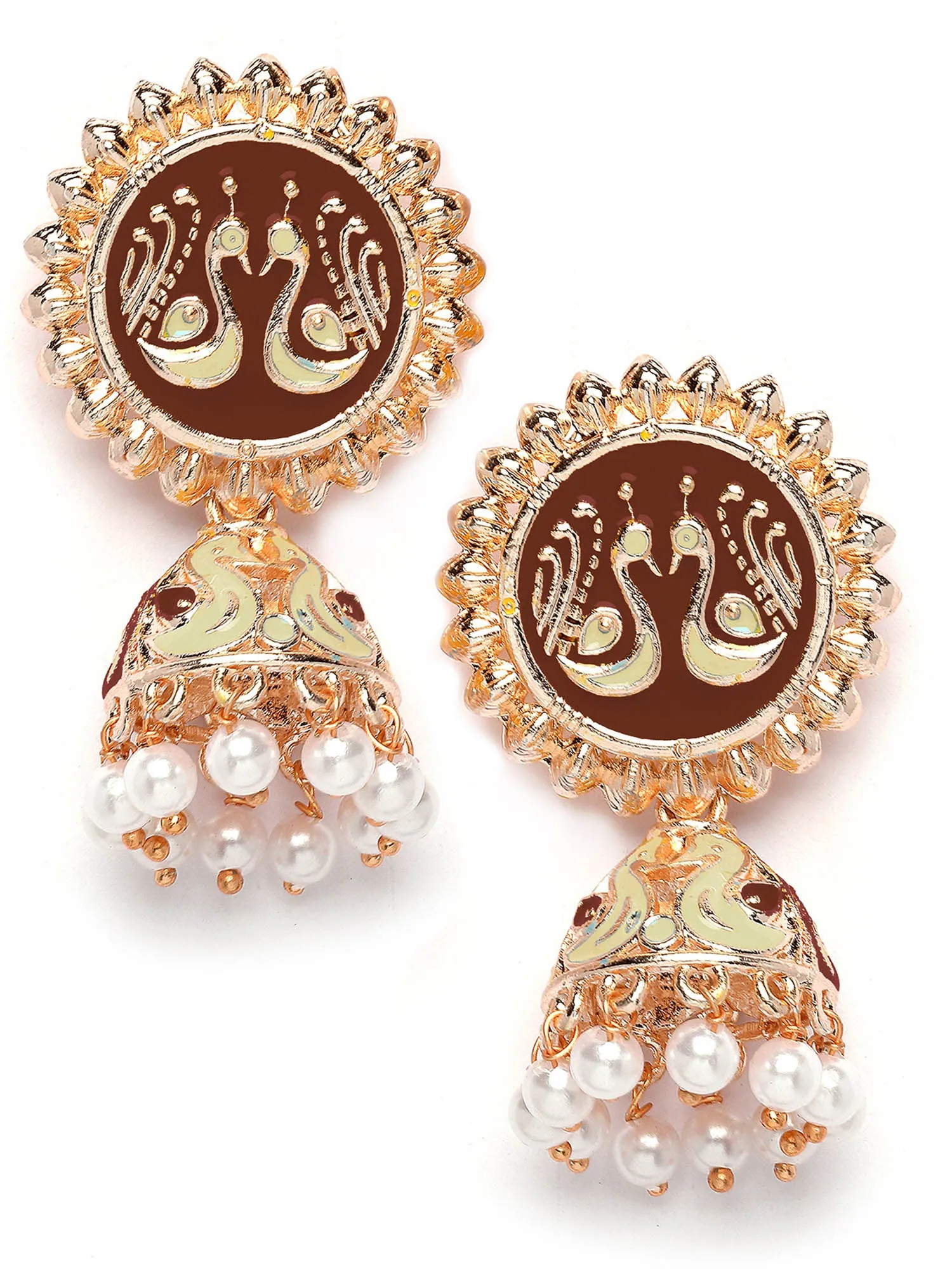 Karatcart Rose Gold Plated Peacock Design Brown and Cream Meena Jhumki Earrings for Women