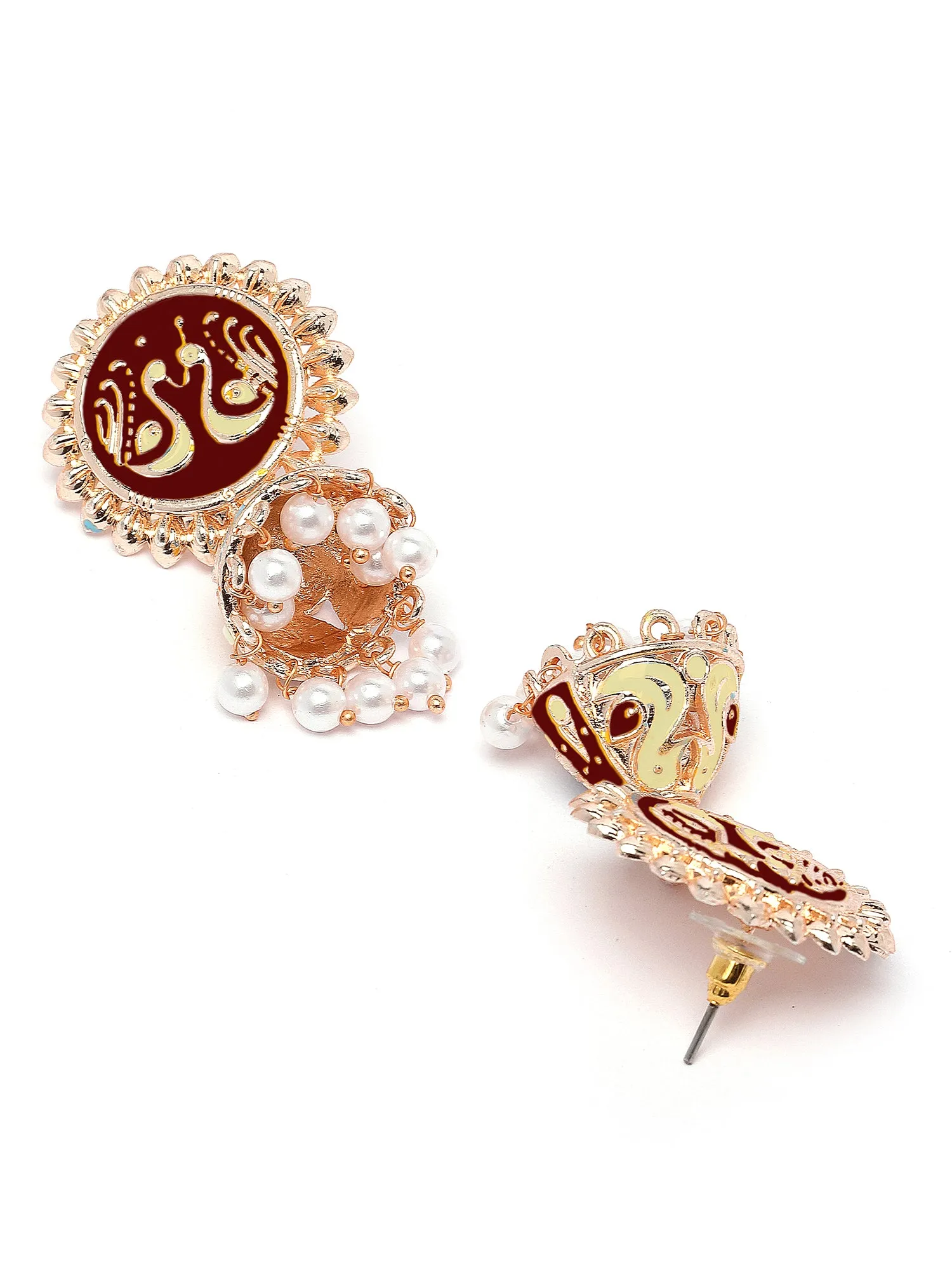 Karatcart Rose Gold Plated Peacock Design Brown and Cream Meena Jhumki Earrings for Women
