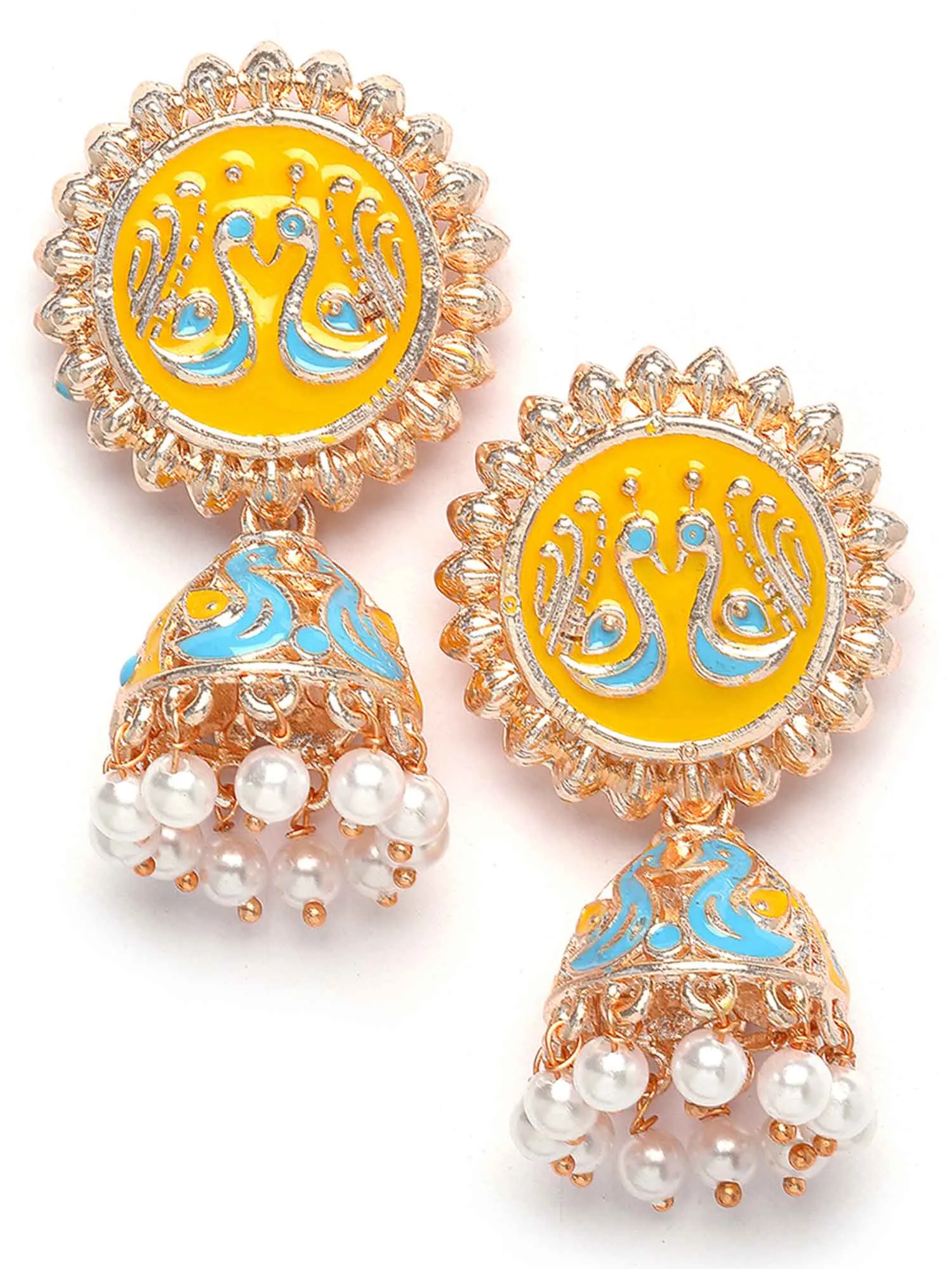 Karatcart Rose Gold Plated Peacock Design Yellow and Blue Meena Jhumki Earrings for Women