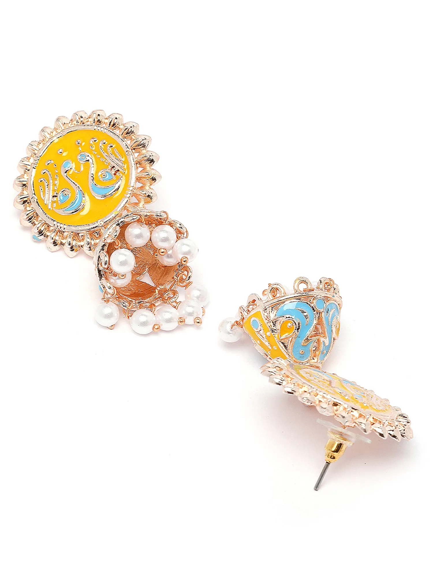 Karatcart Rose Gold Plated Peacock Design Yellow and Blue Meena Jhumki Earrings for Women