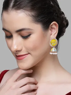 Karatcart Rose Gold Plated Peacock Design Yellow and Blue Meena Jhumki Earrings for Women