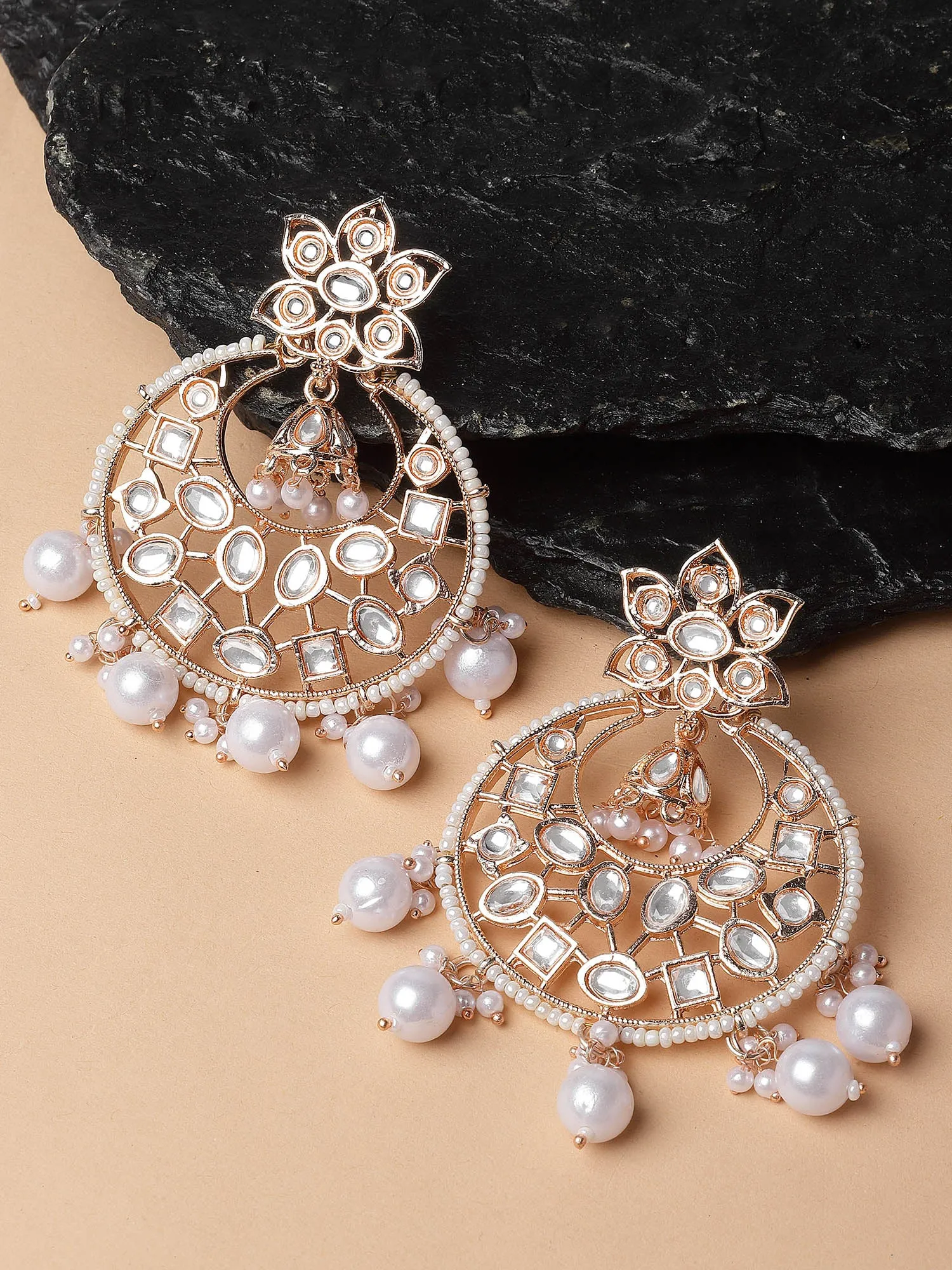 Karatcart Rose Gold Plated Pearl and Kundan Studded Dangler Earrings for Women