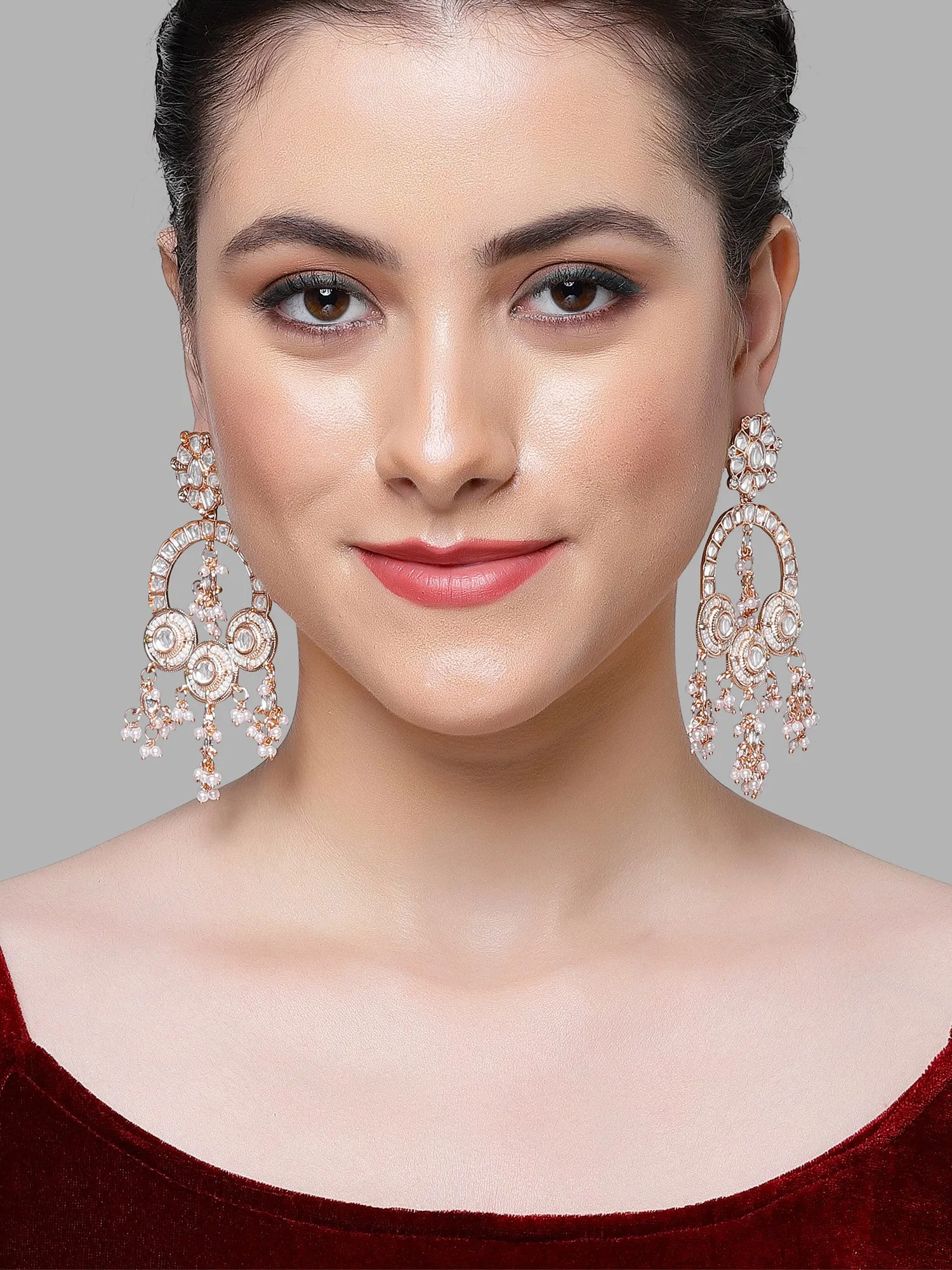 Karatcart Rose-Gold Plated Pearl and Kundan Studded Dangler Earrings for Women