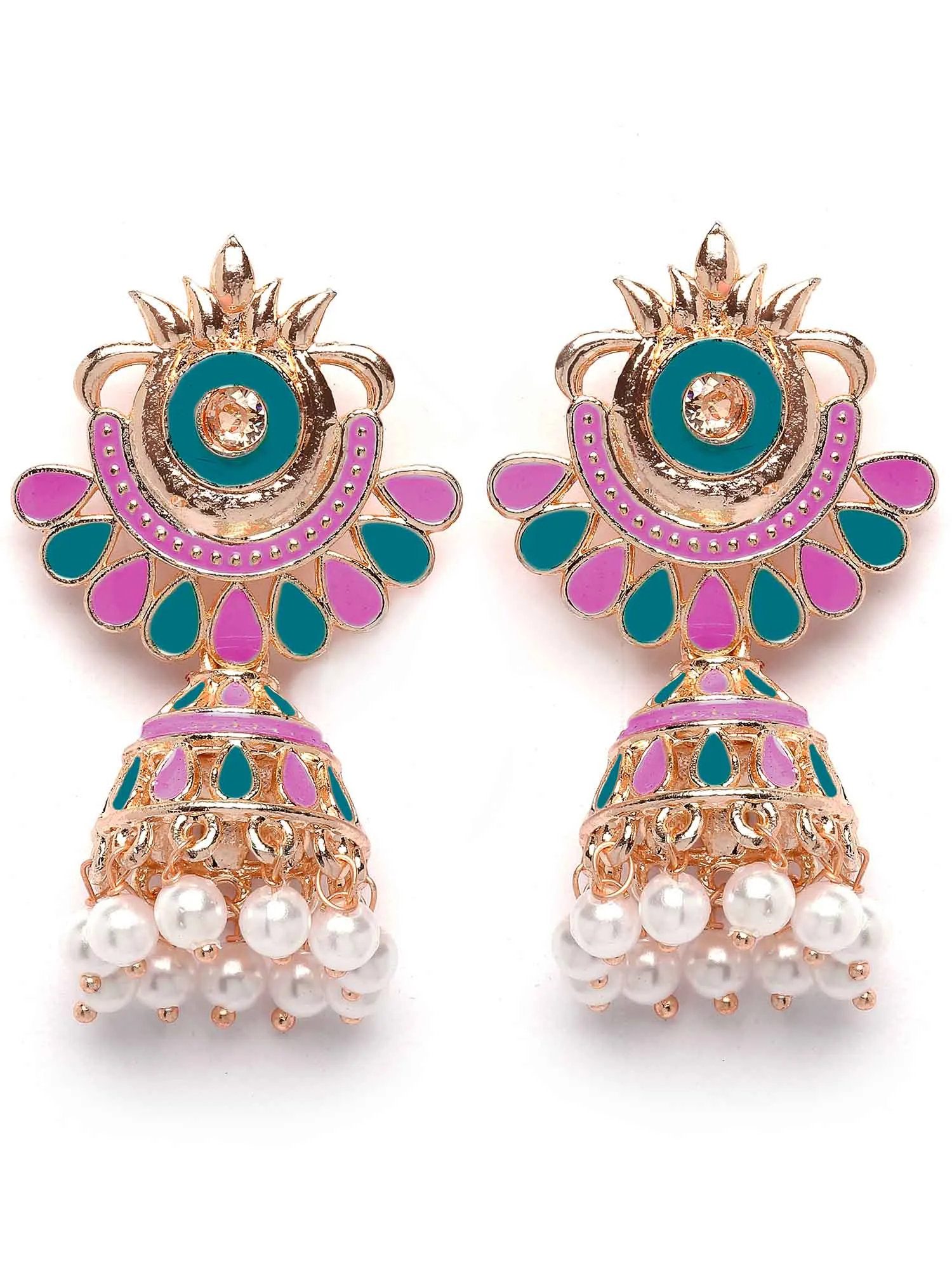 Karatcart Rose Gold Plated Pink and Blue Meena Jhumki Earrings for Women
