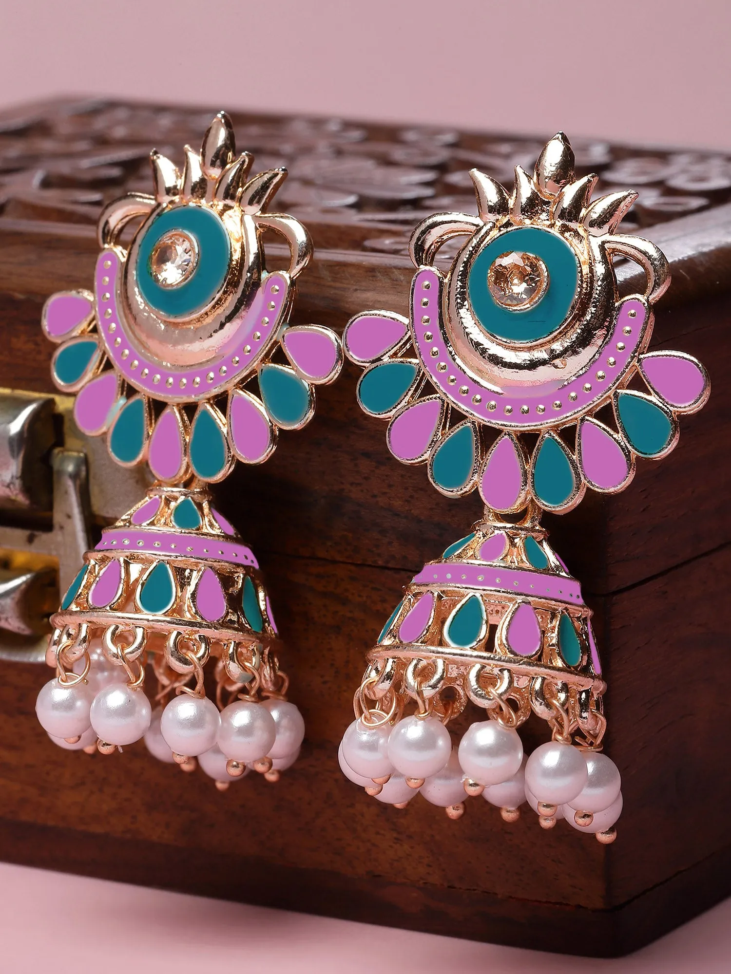 Karatcart Rose Gold Plated Pink and Blue Meena Jhumki Earrings for Women