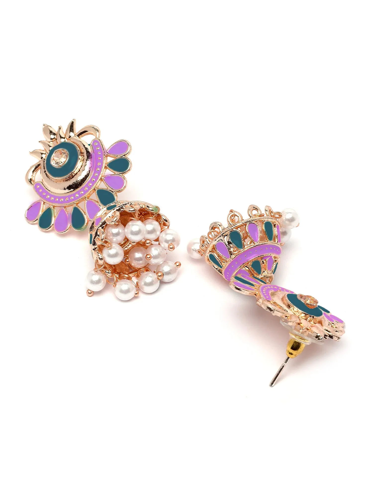 Karatcart Rose Gold Plated Pink and Blue Meena Jhumki Earrings for Women