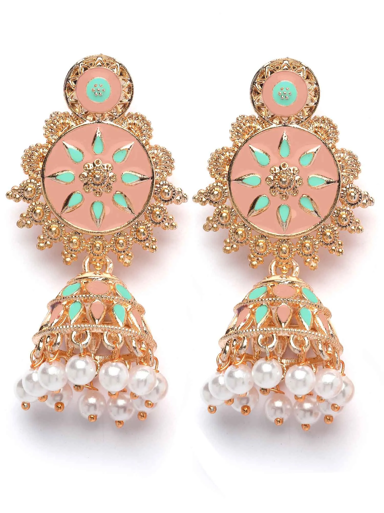 Karatcart Rose Gold Plated Pink and Light Blue Meena Floral Jhumki Earrings for Women