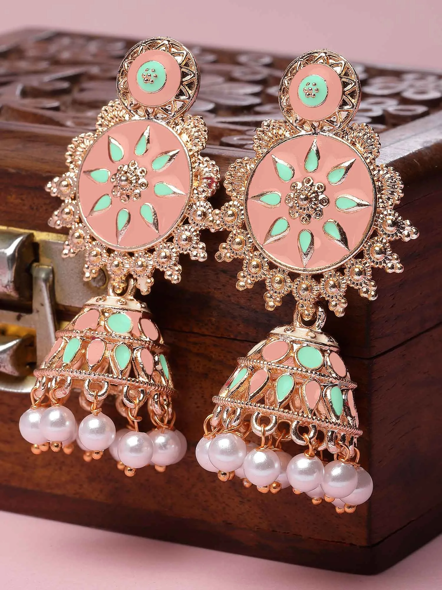 Karatcart Rose Gold Plated Pink and Light Blue Meena Floral Jhumki Earrings for Women